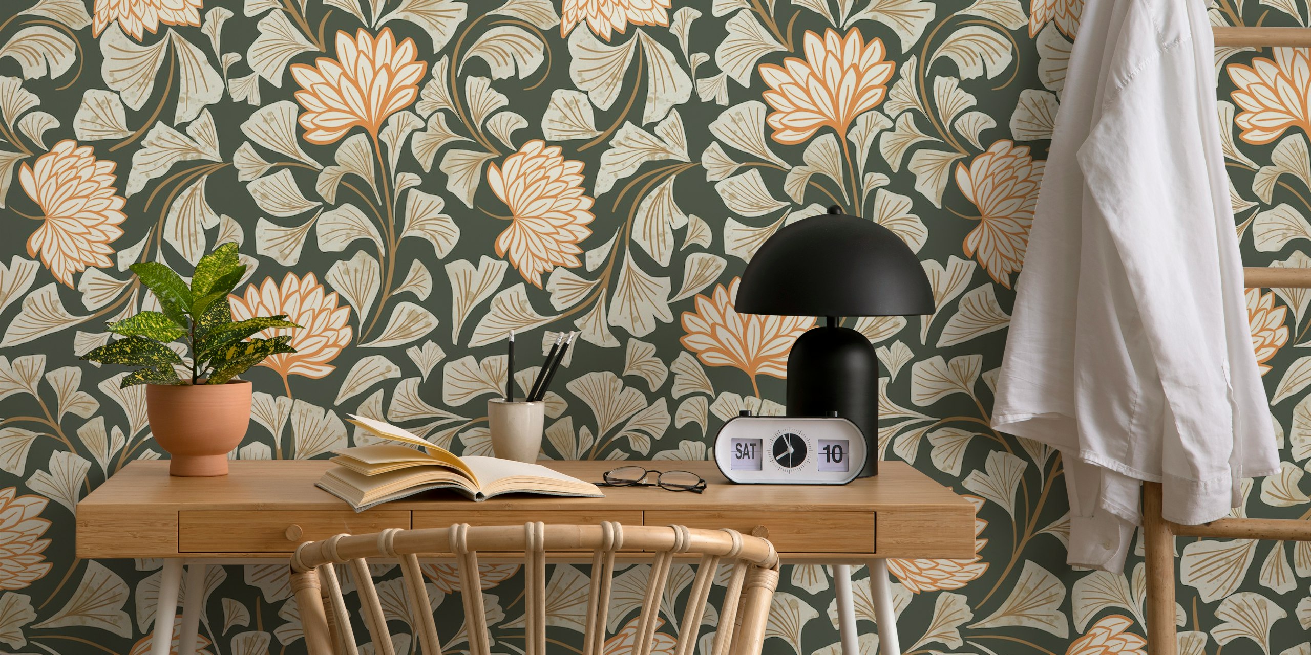 Large floral motifs with beige and peach colors on dark green background wallpaper