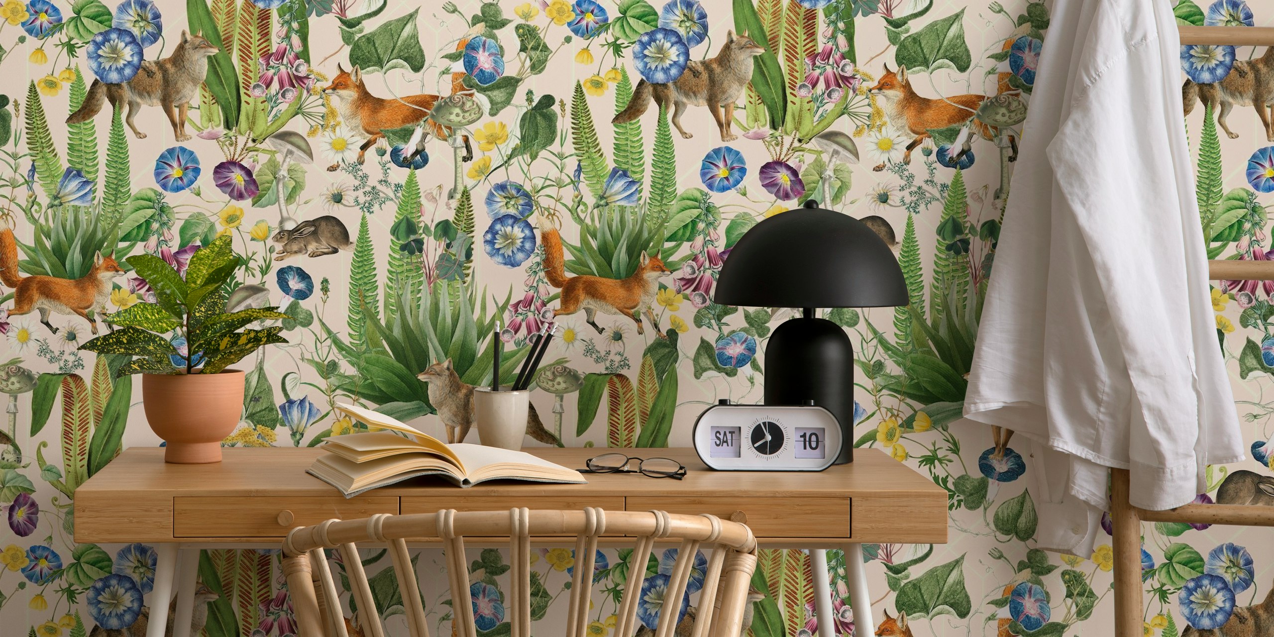 Vintage mystic animals and flower forest wallpaper