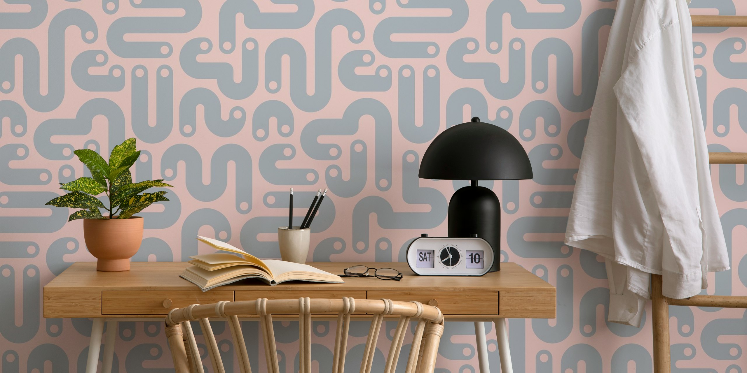 Curvy gray and pink abstract pattern wallpaper
