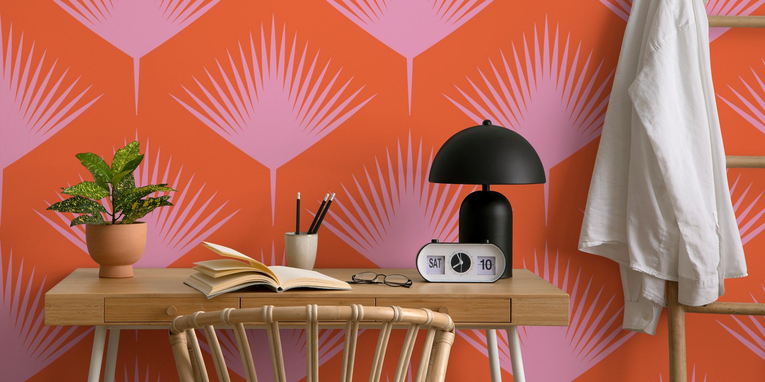 Abstract Modern Geo Palm Leaves in oranje en roze
