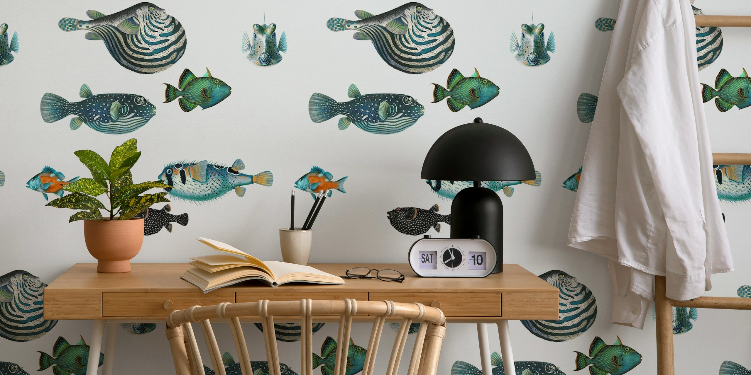 Colorful aquatic fish on a light gray background wallpaper