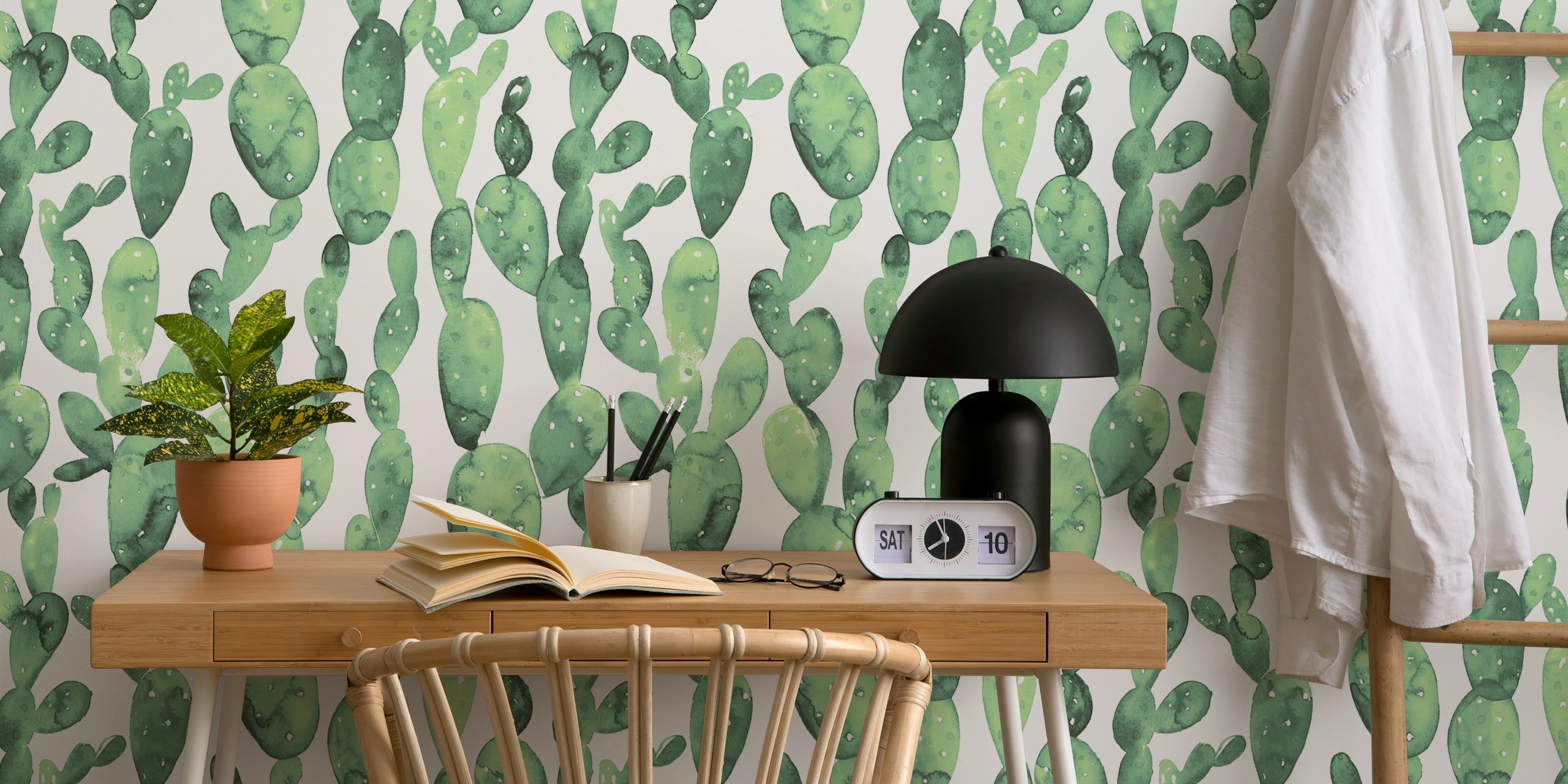Green cactus pattern wall mural on white background wallpaper