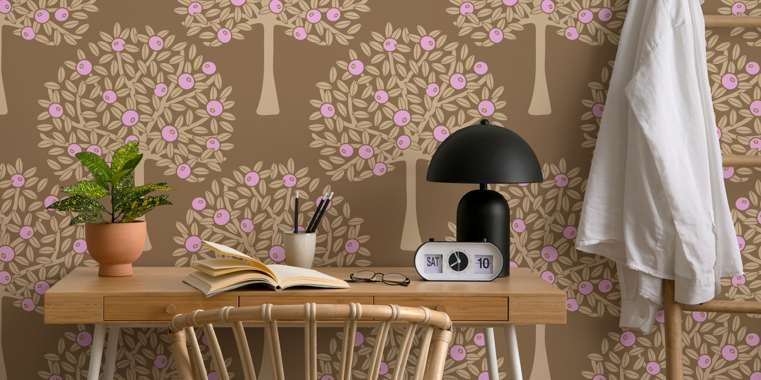 Floral tree pattern with pink fruit on a brown background wallpaper