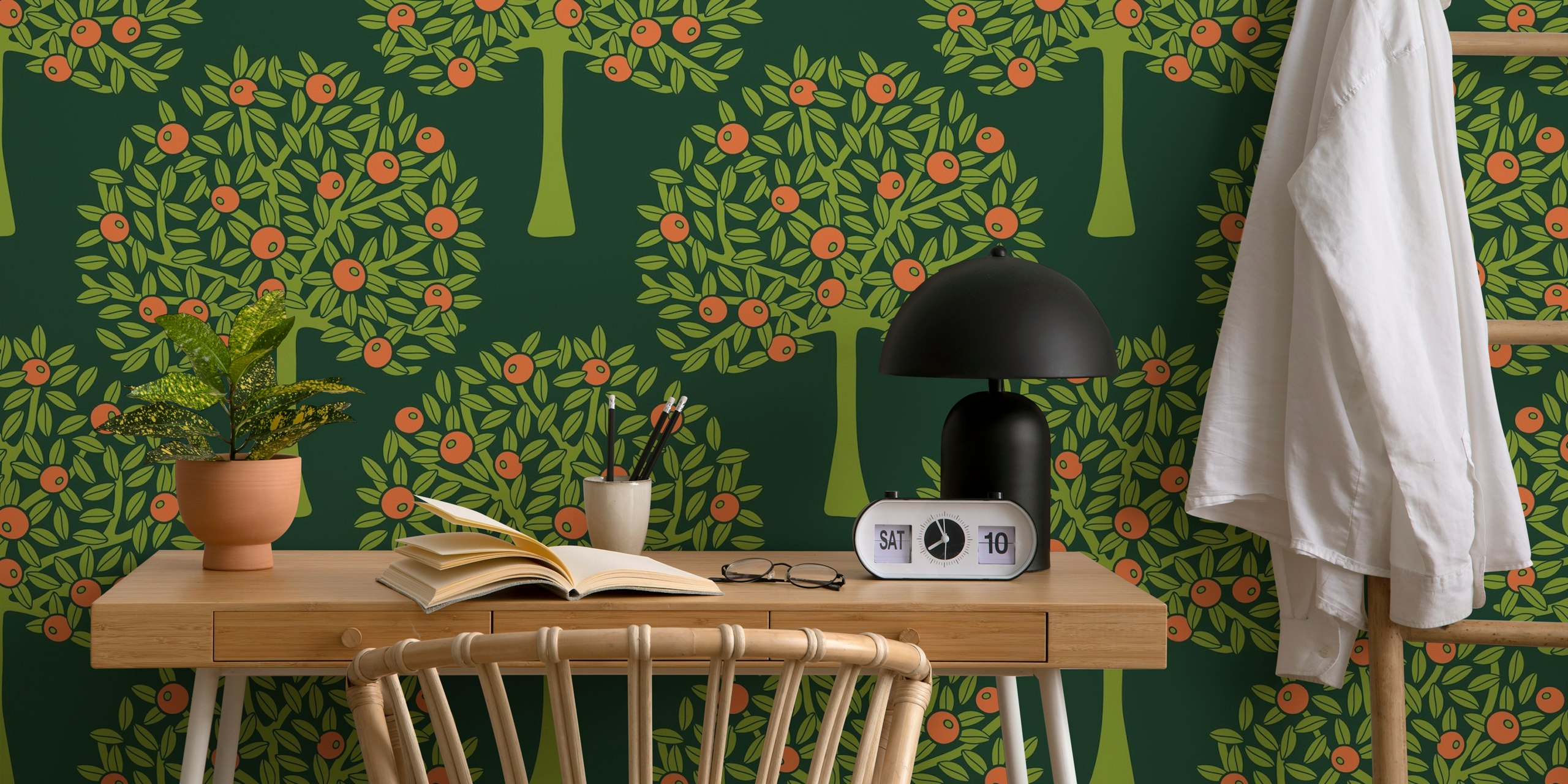 Papel De Parede Com Árvores De Frutas Cítricas Em Verde Escuro Orangerie Citrus Fruit Tree - Dark Green
