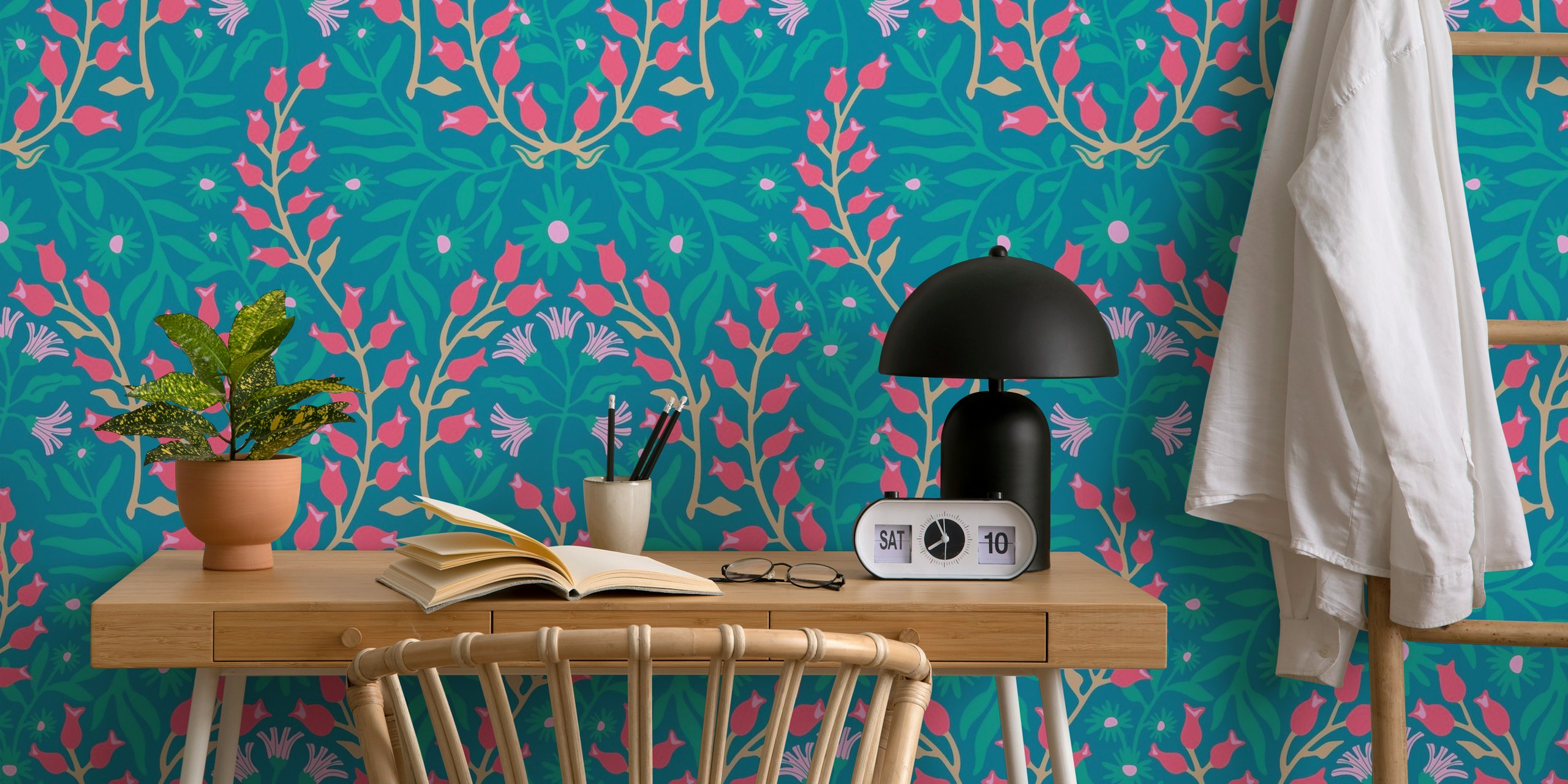 Blue floral wallpaper in a room