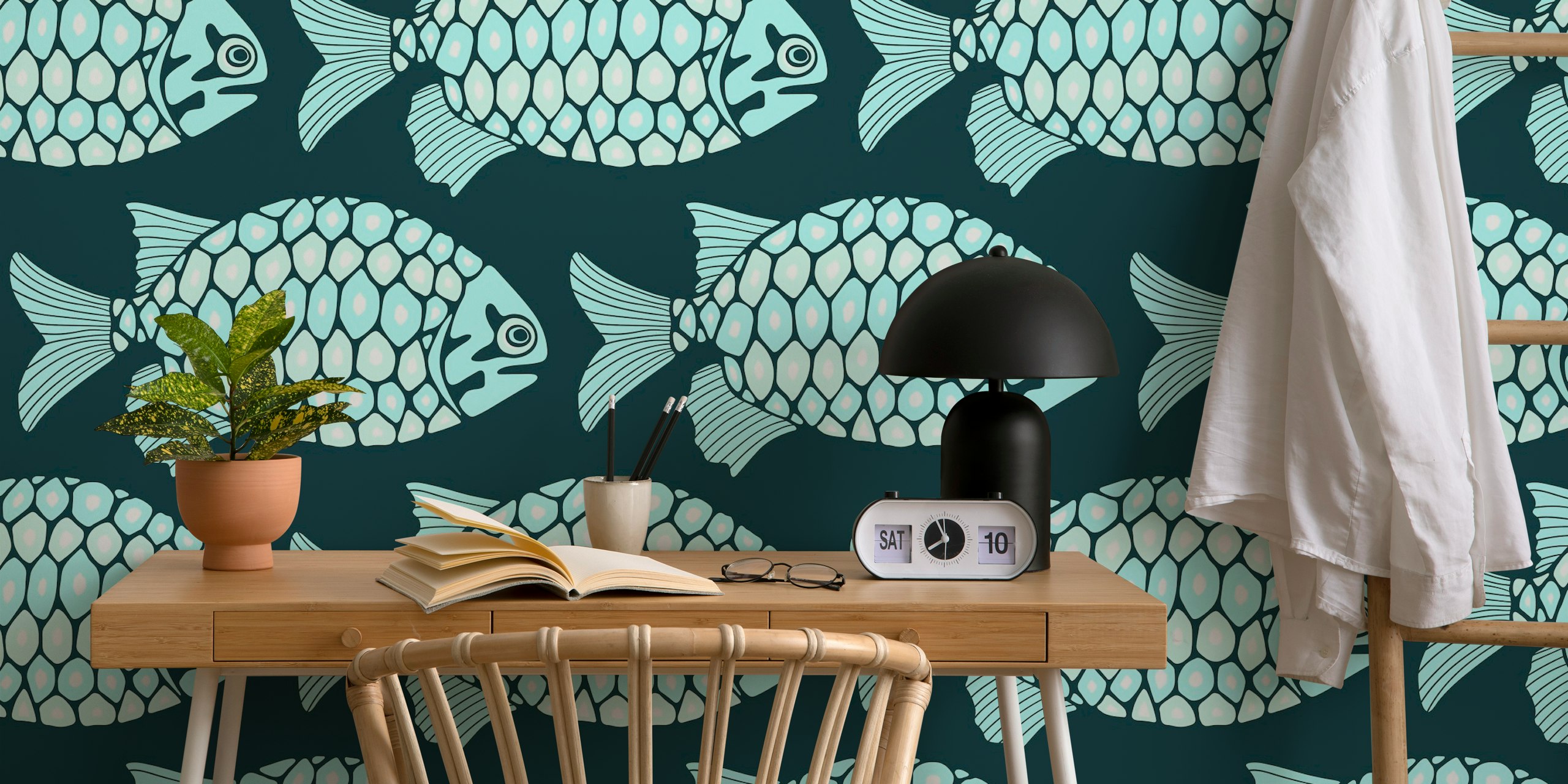 Aqua pinecone fish design i et rom