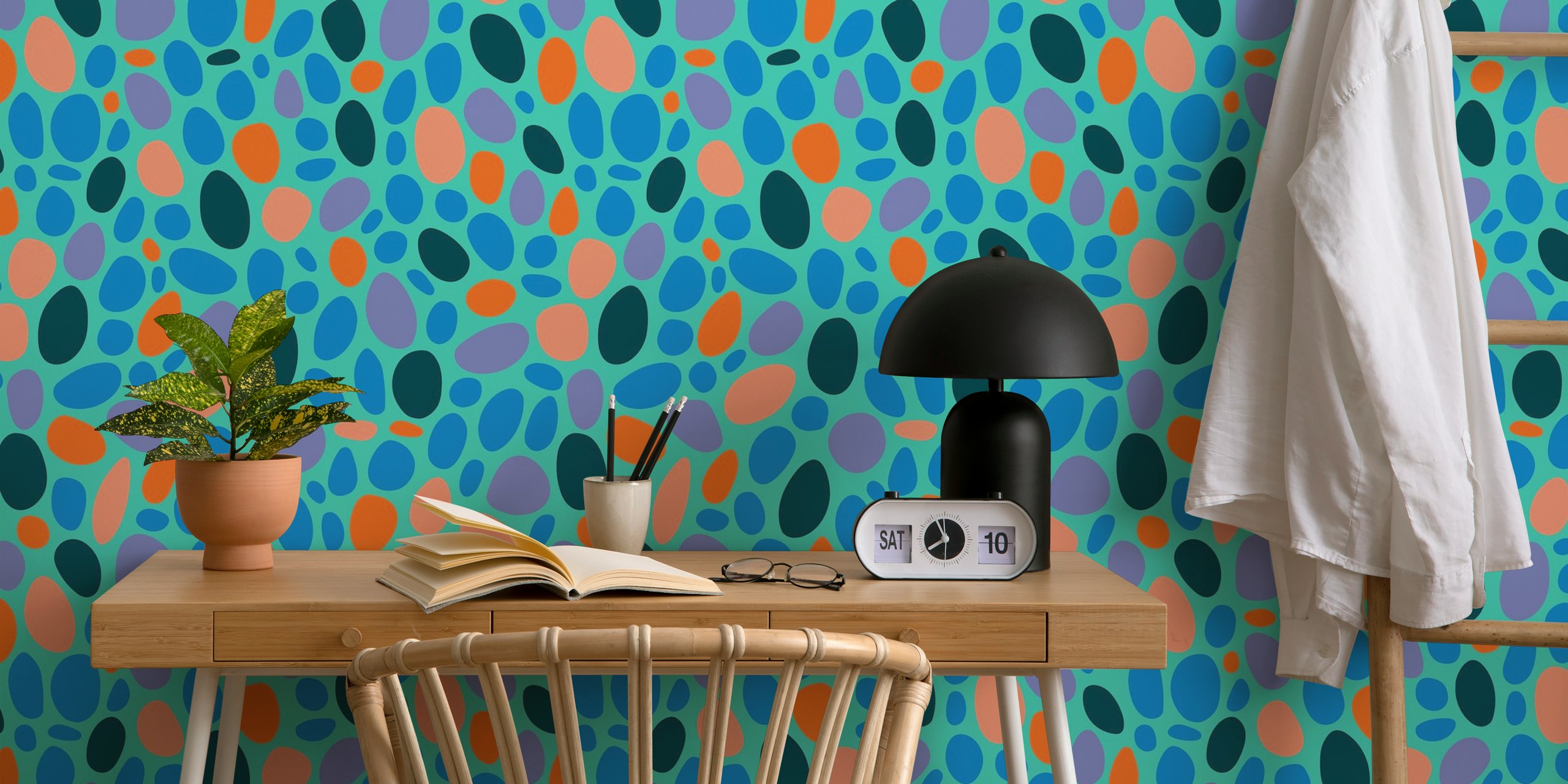 Colorful abstract pebbles in aqua, coral, and navy wallpaper