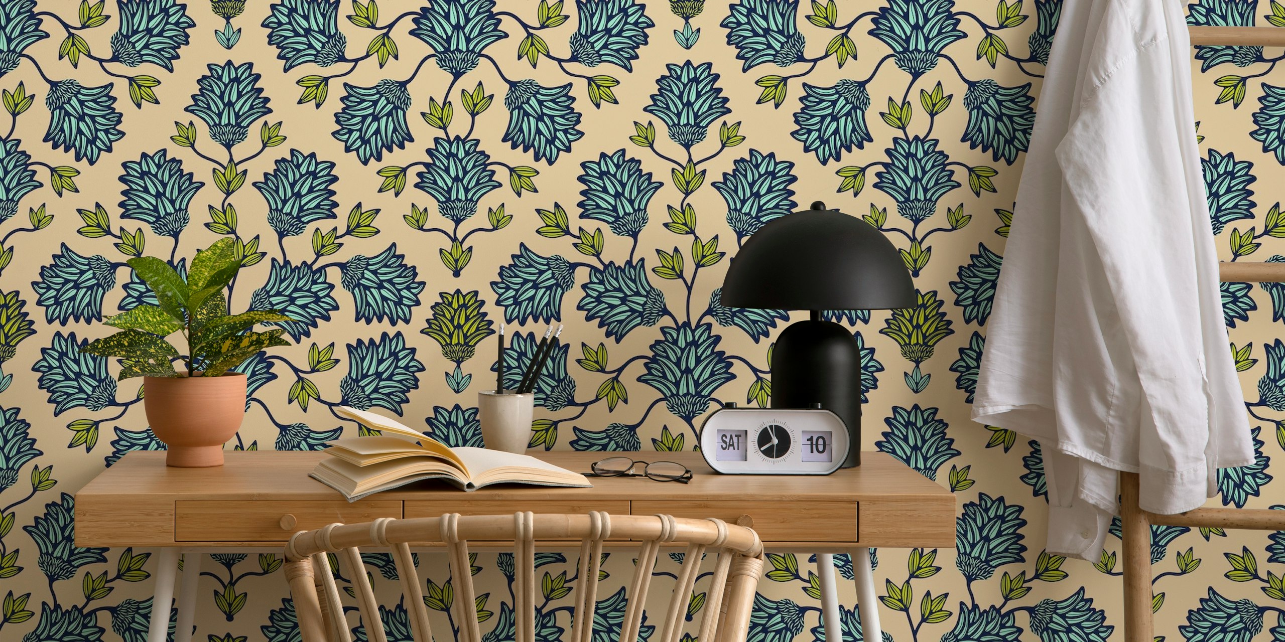 Blue floral damask wallpaper design in a room