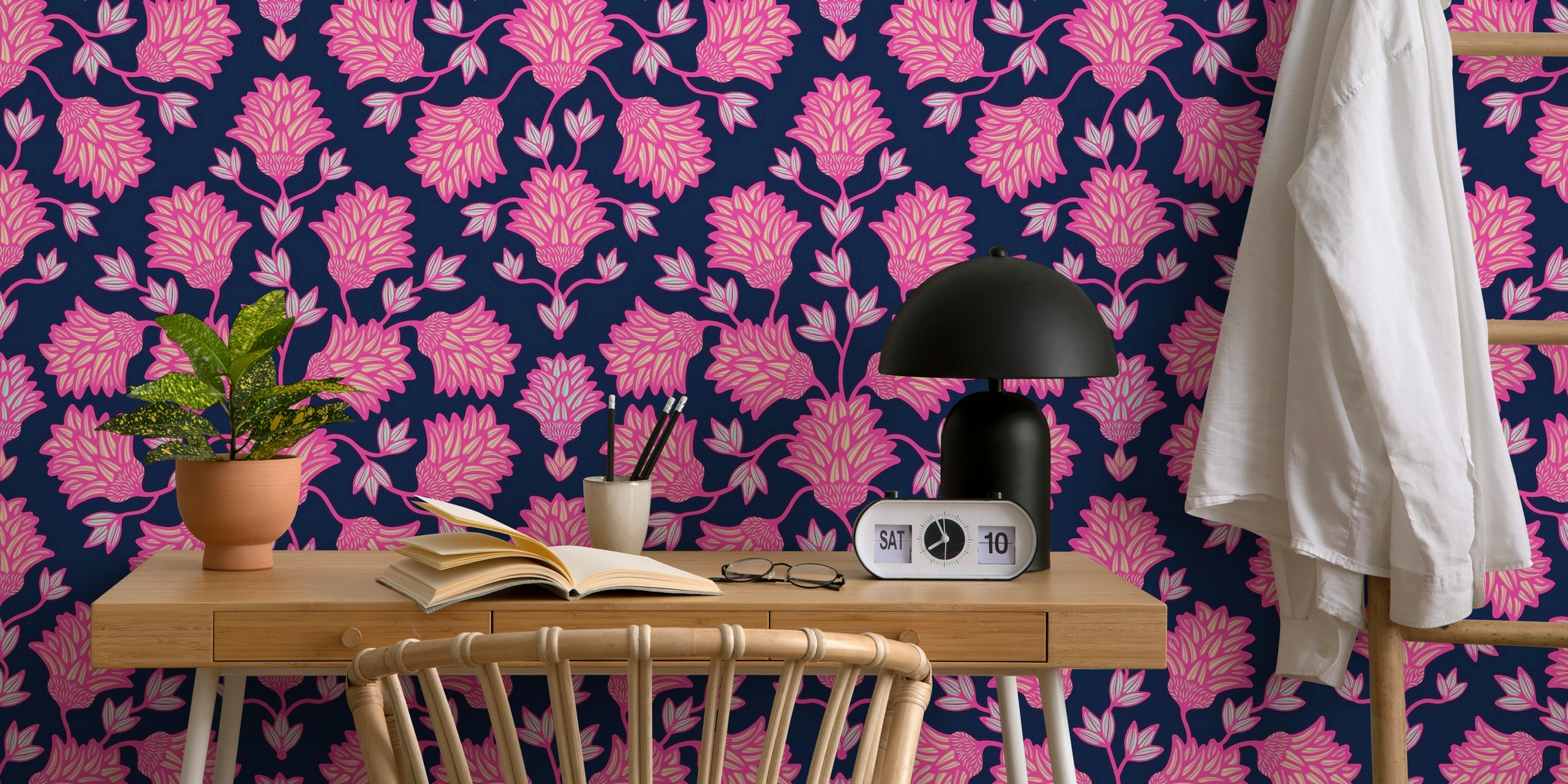 Pink floral damask design on dark blue background wallpaper