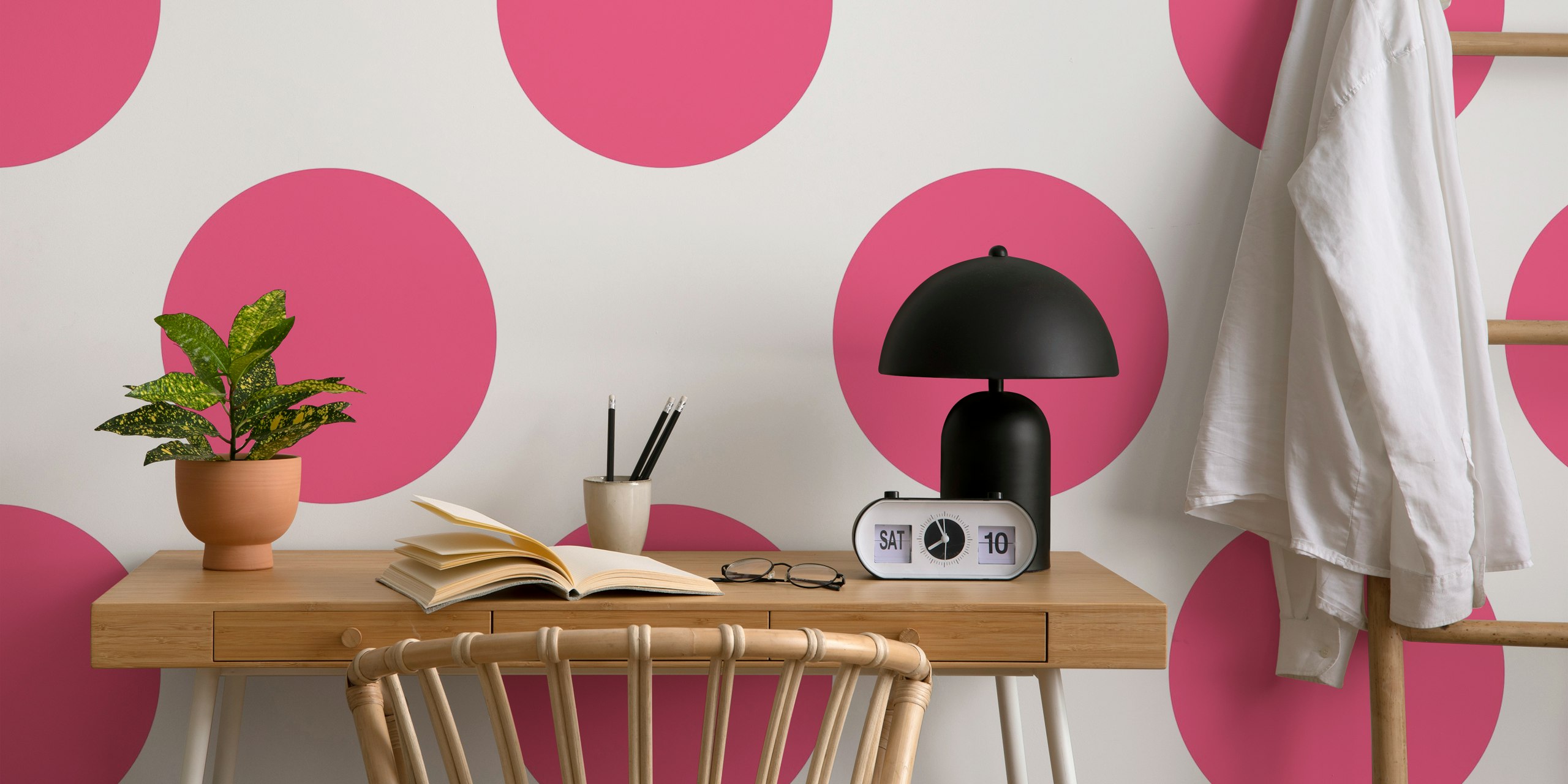 Hot pink polka dots on a white background wallpaper