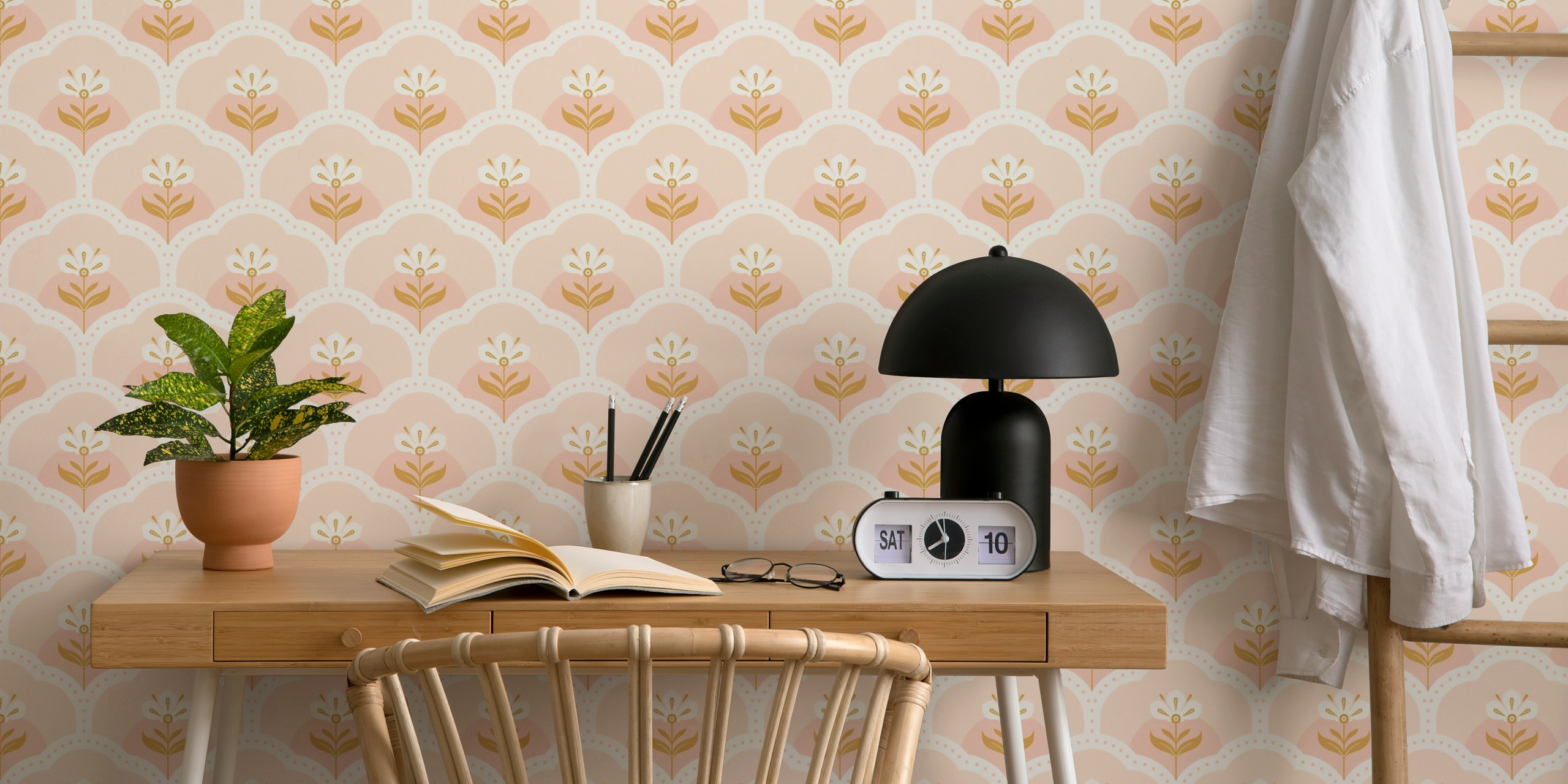 Scallop pattern with blush pink and white flowers wallpaper