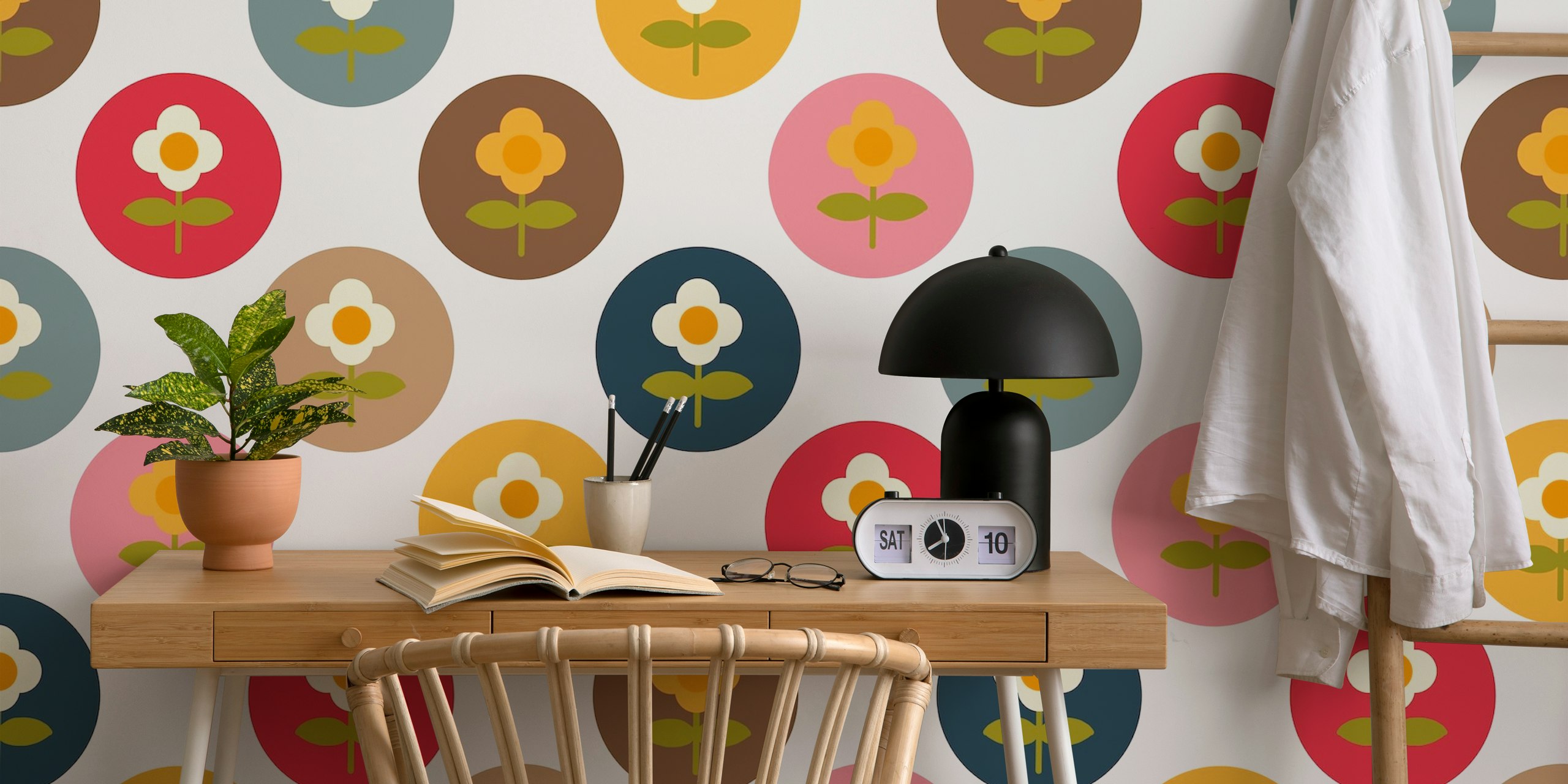 Colorful circles with white flowers on a white background wallpaper