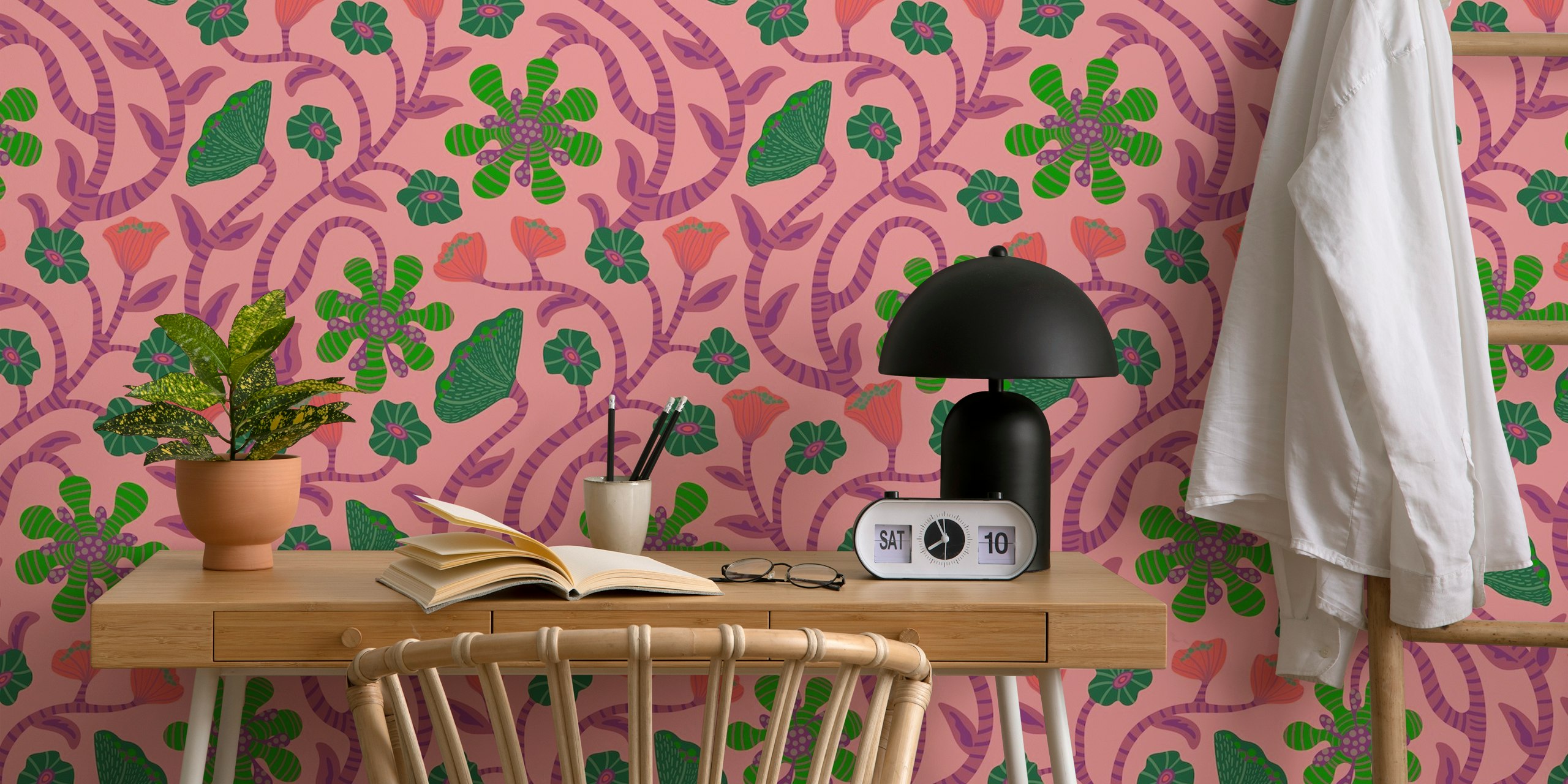 Fantasy floral pink wallpaper in a room