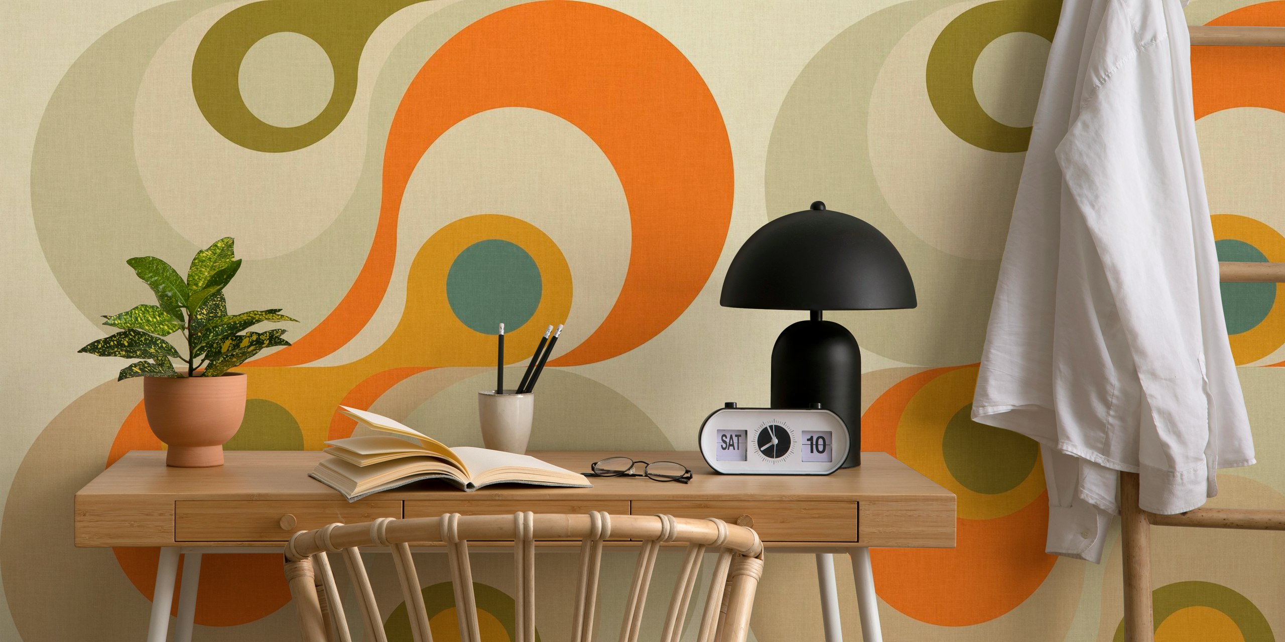 Abstract curvy geo swirls wall mural in orange, beige, and blue hues