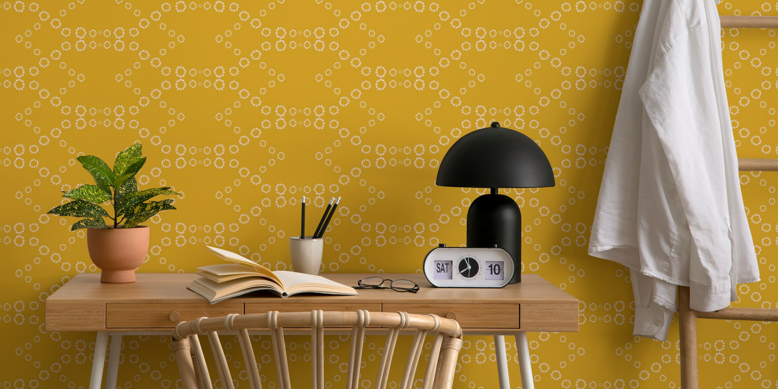Mustard background with white circular dot patterns wallpaper