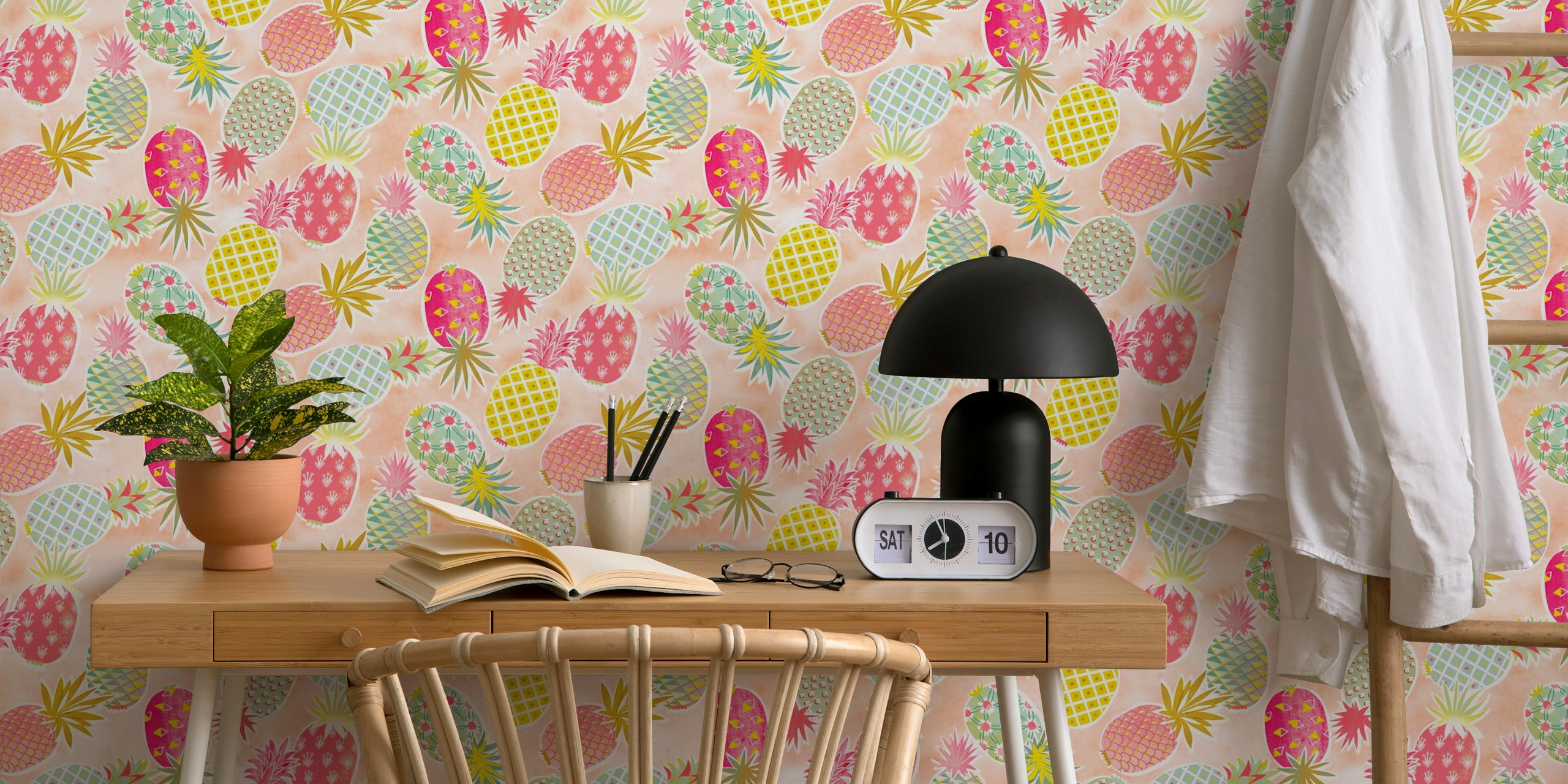 Pastel tropical pineapples wallpaper in a room