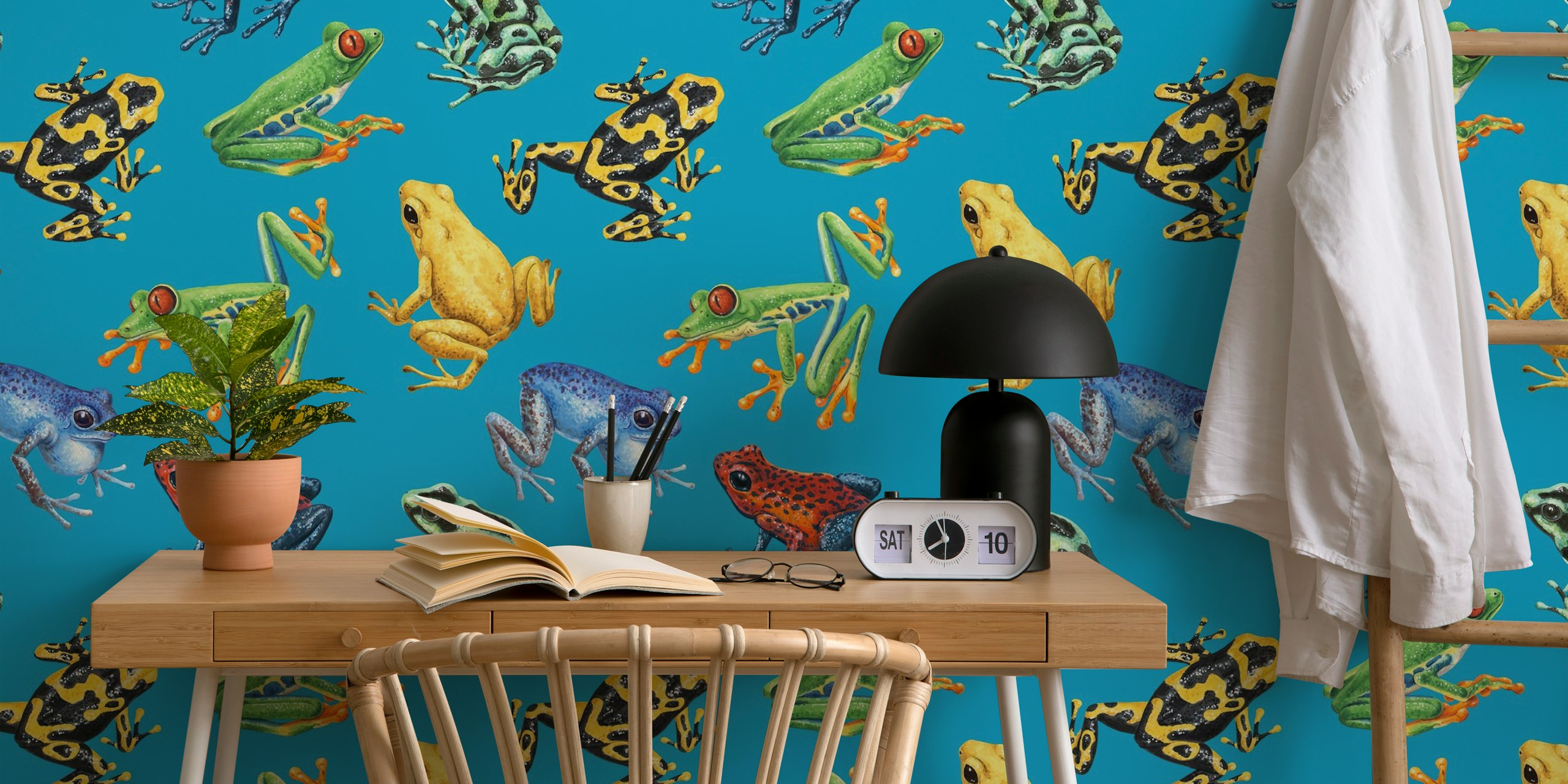 Frogs on blue wallpaper in a room