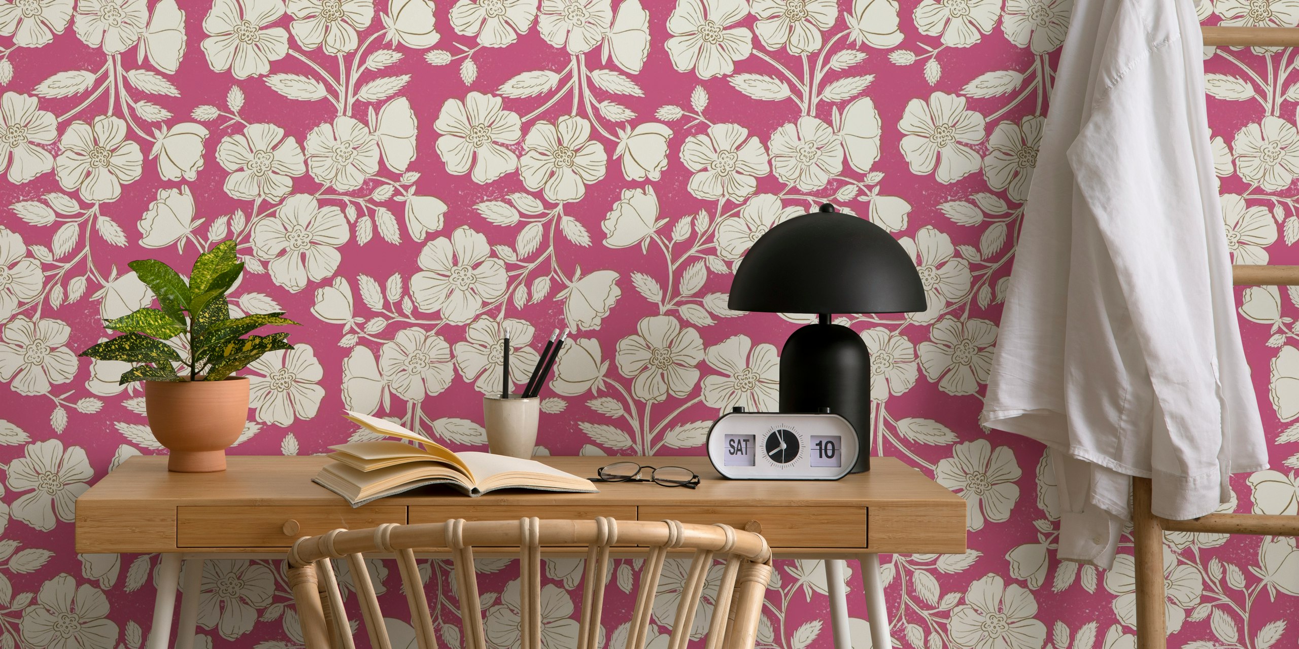Wild rose block print on cerise pink wallpaper