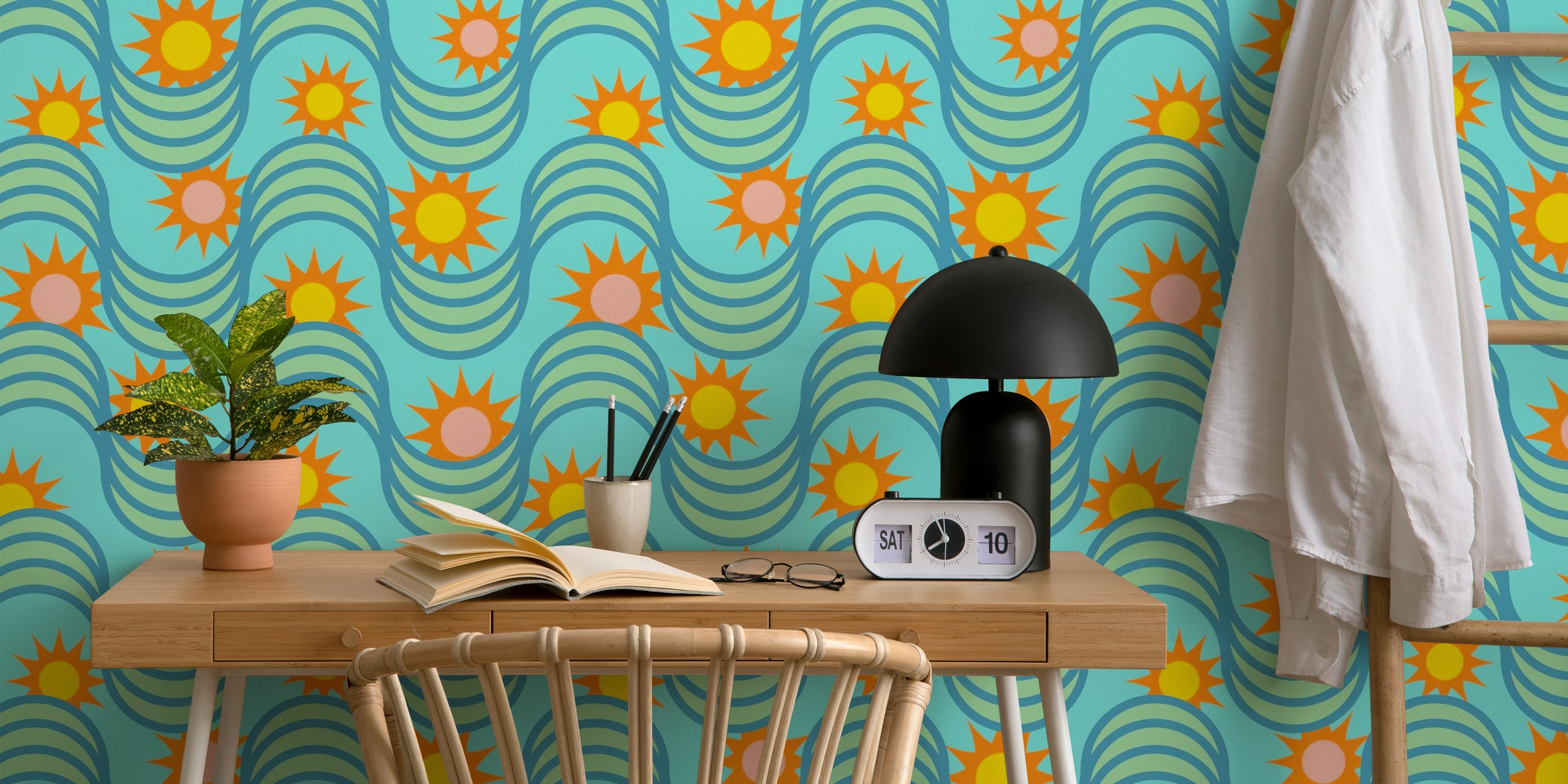 Retro Rising Sun Waves Blue Wallpaper