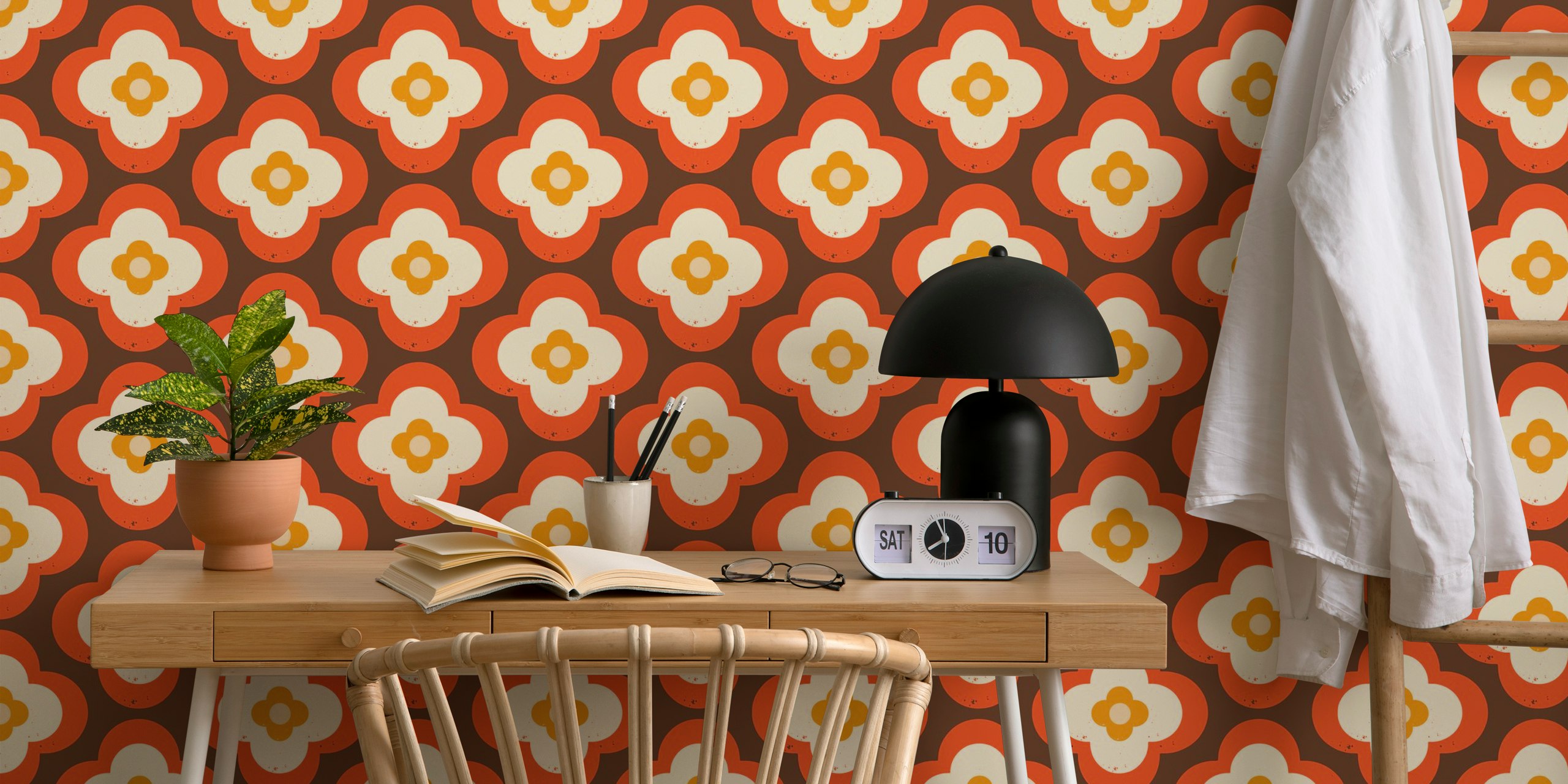 Ρετρό εμπνευσμένο τοιχογραφία Mod 70s Flower Daisy Orange με σχέδιο mid-century.