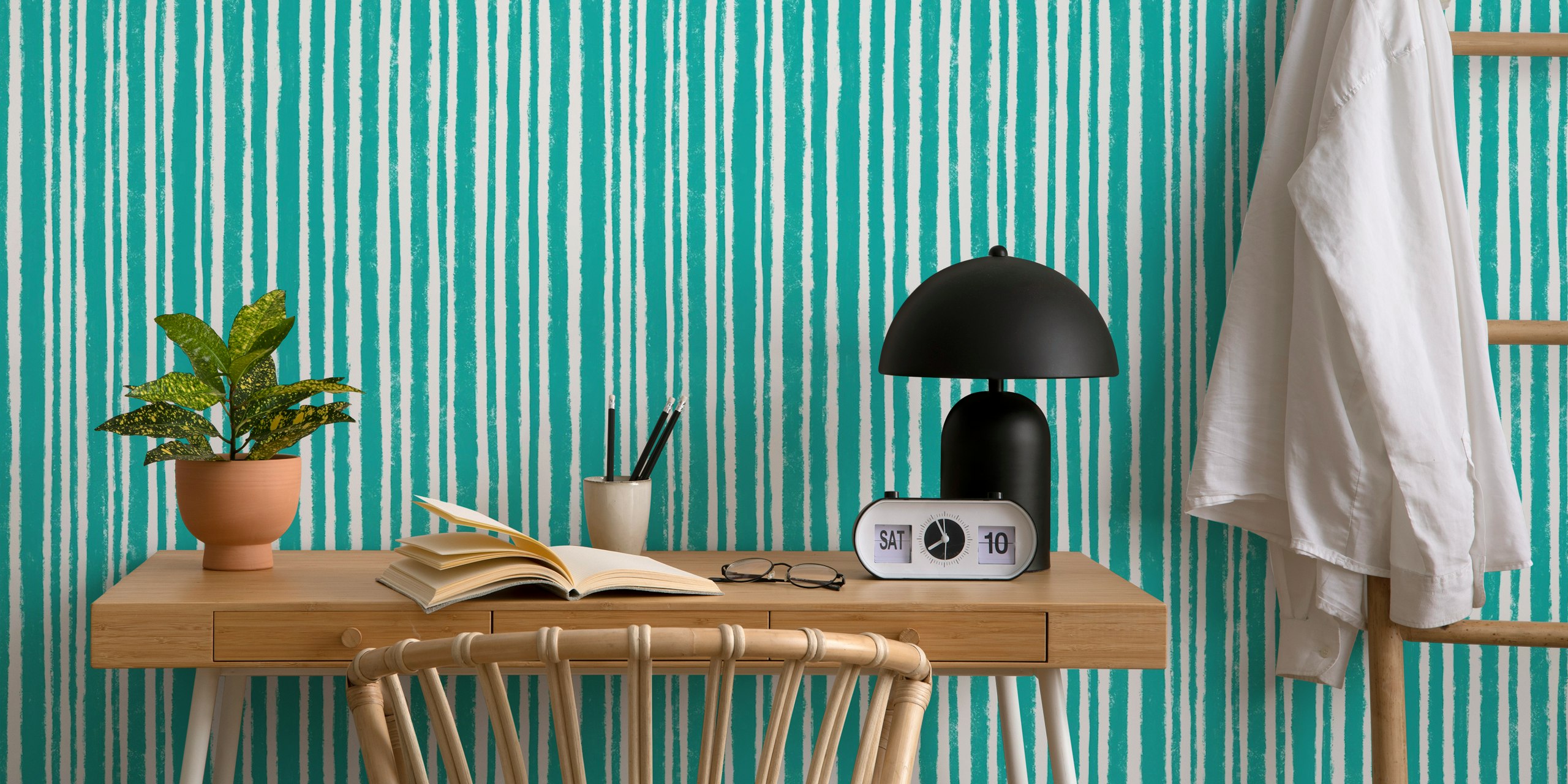 Vertical textured stripes in Tiffany Blue and white wallpaper