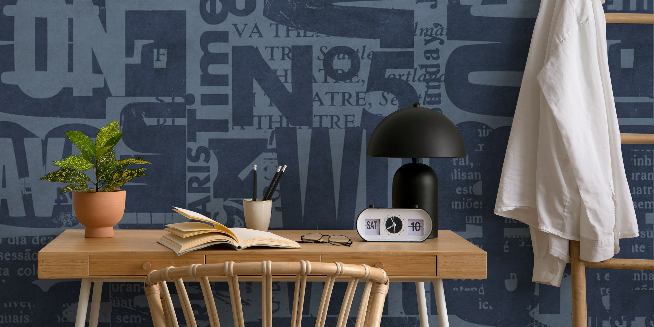 Urban style blue wall mural with grunge typography and numbers