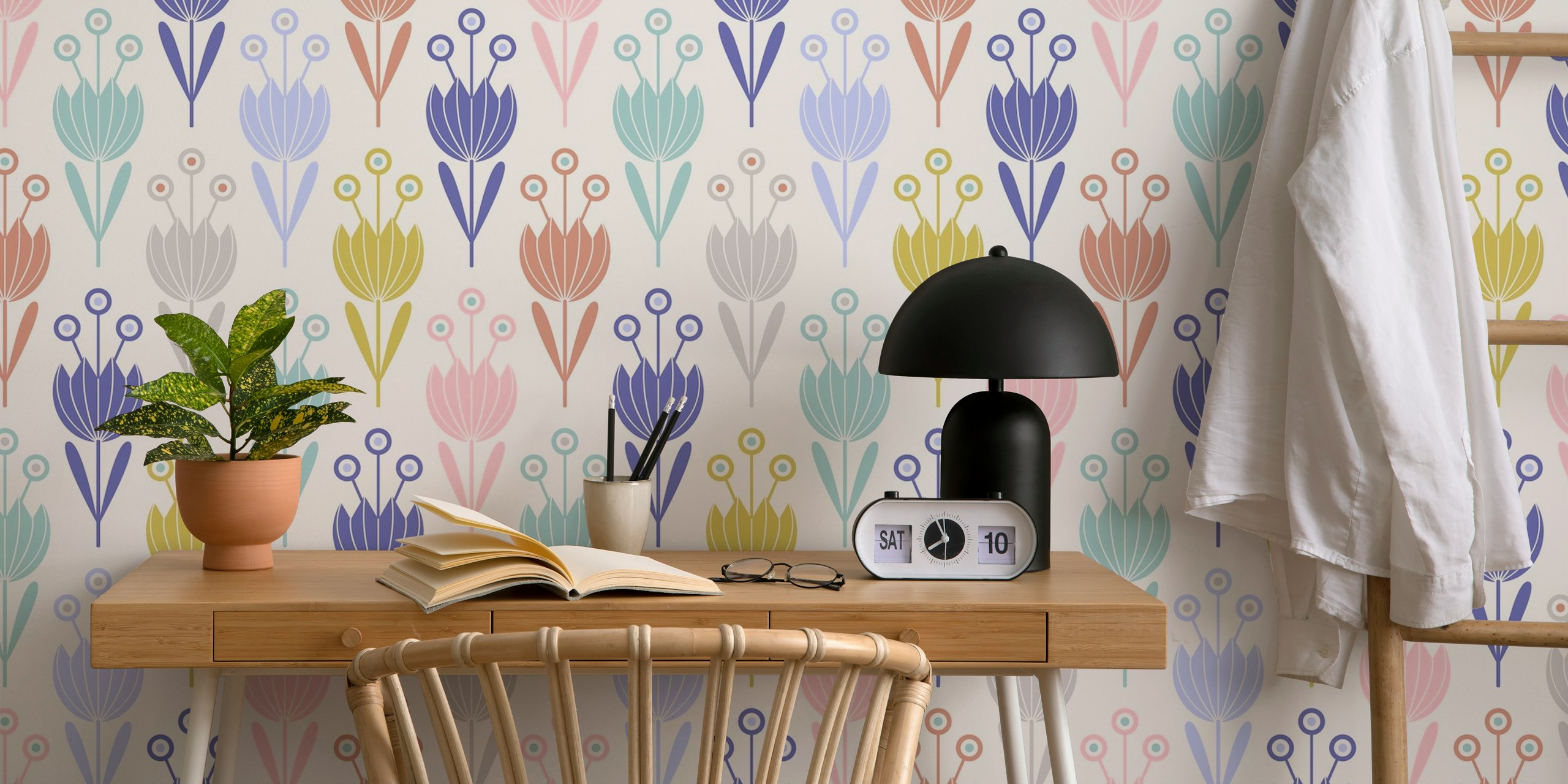 Floral pastel wallpaper design in a room