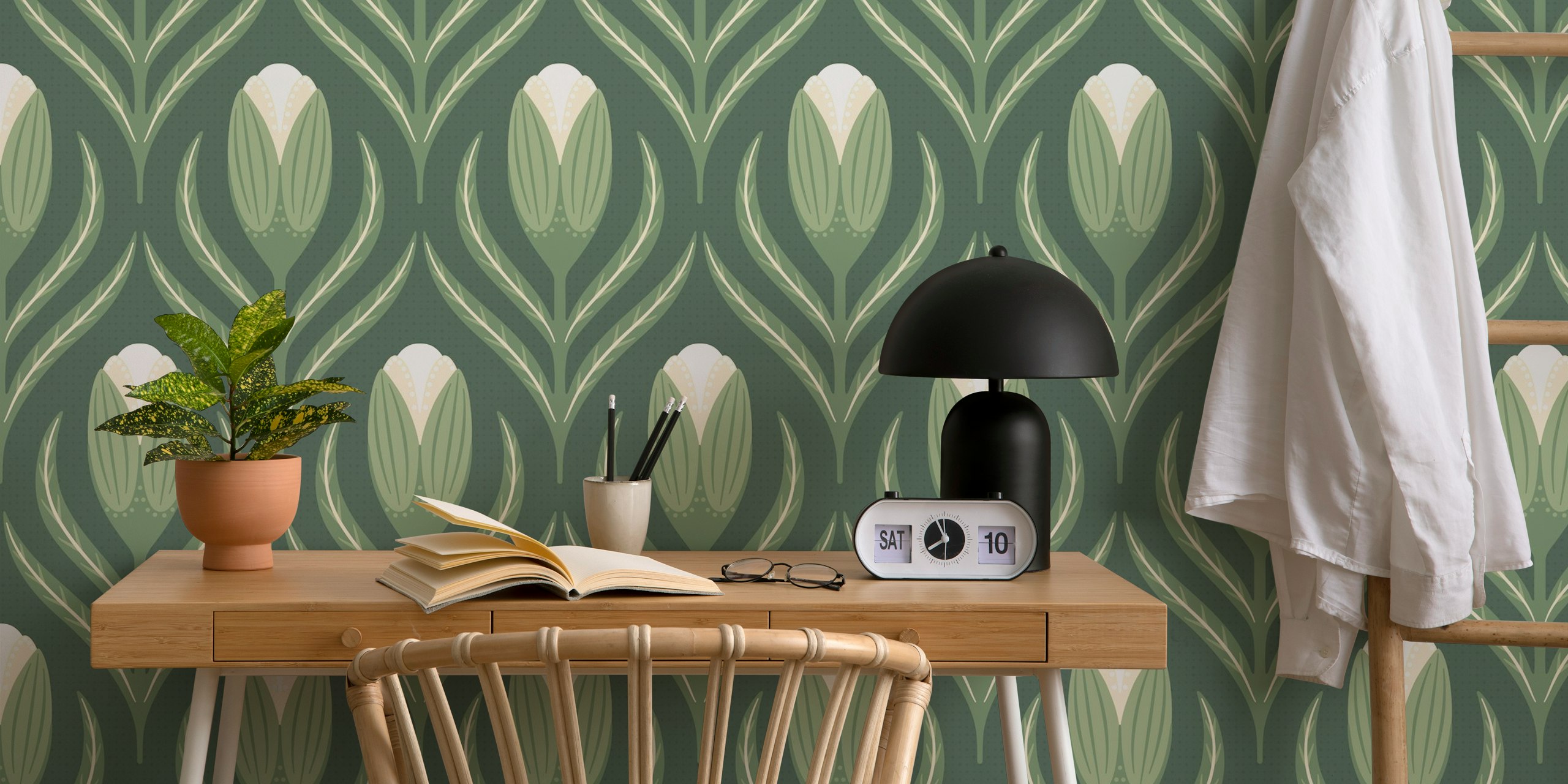 Natural flowers wallpaper em fundo sage green