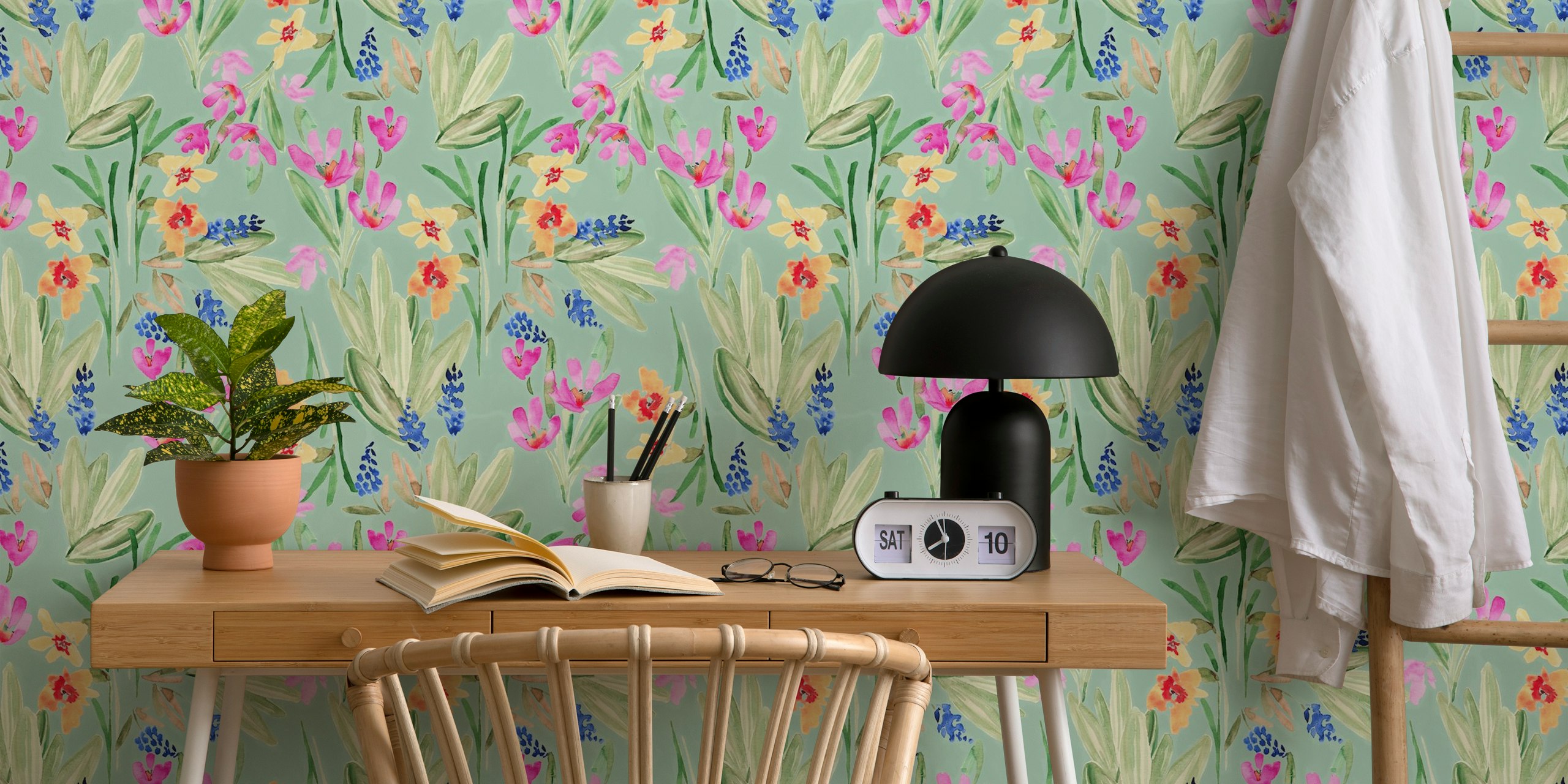 Aquarel Flower Mint wall mural with watercolor flowers on a mint background