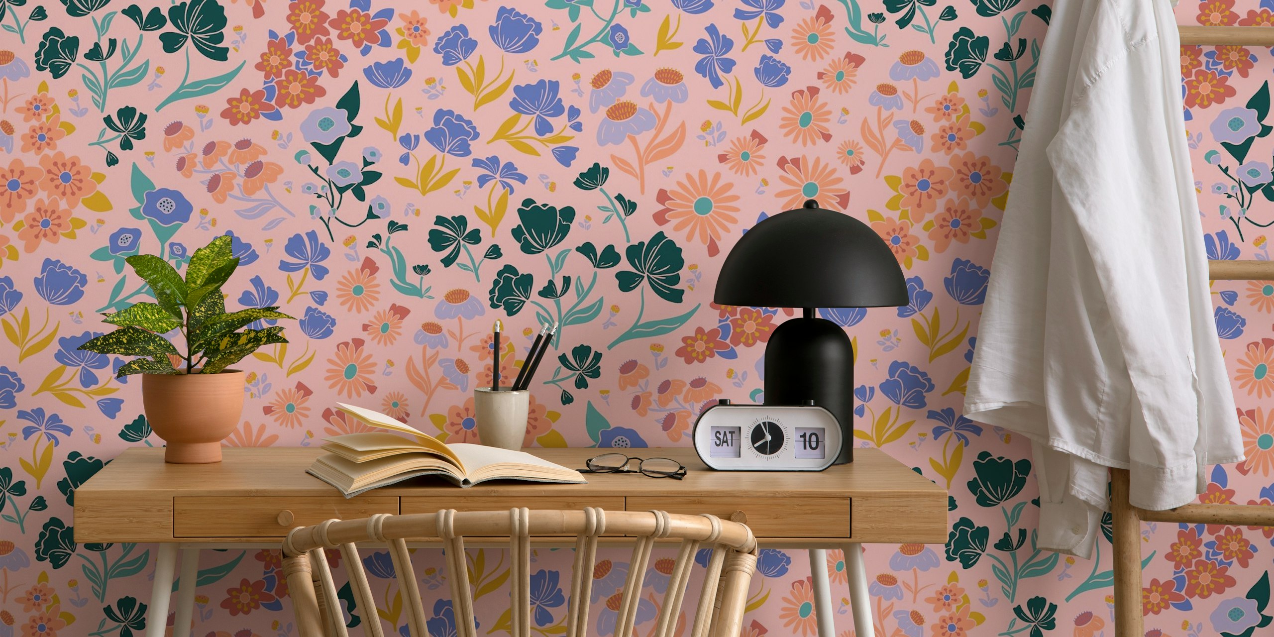 Colorful wildflowers in pink background floral wallpaper