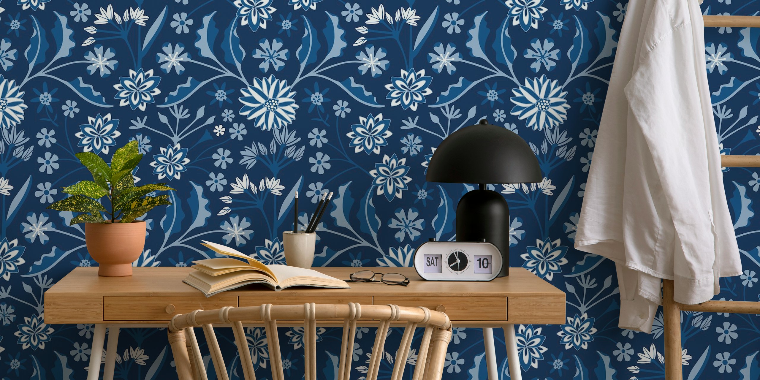 Indigo blue floral pattern wallpaper with various flowers and leaves