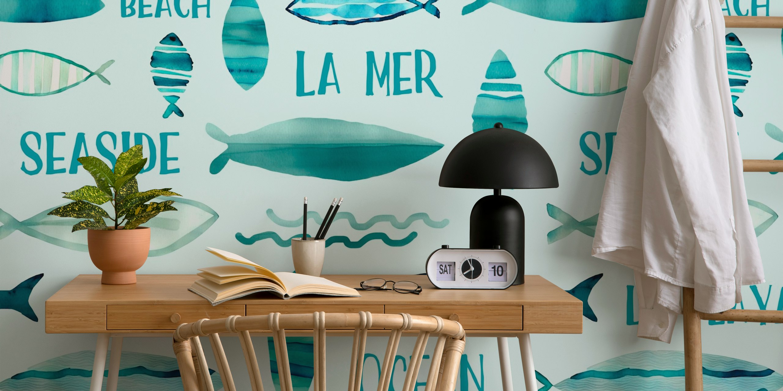 Whimsy watercolor fish wallpaper in a room