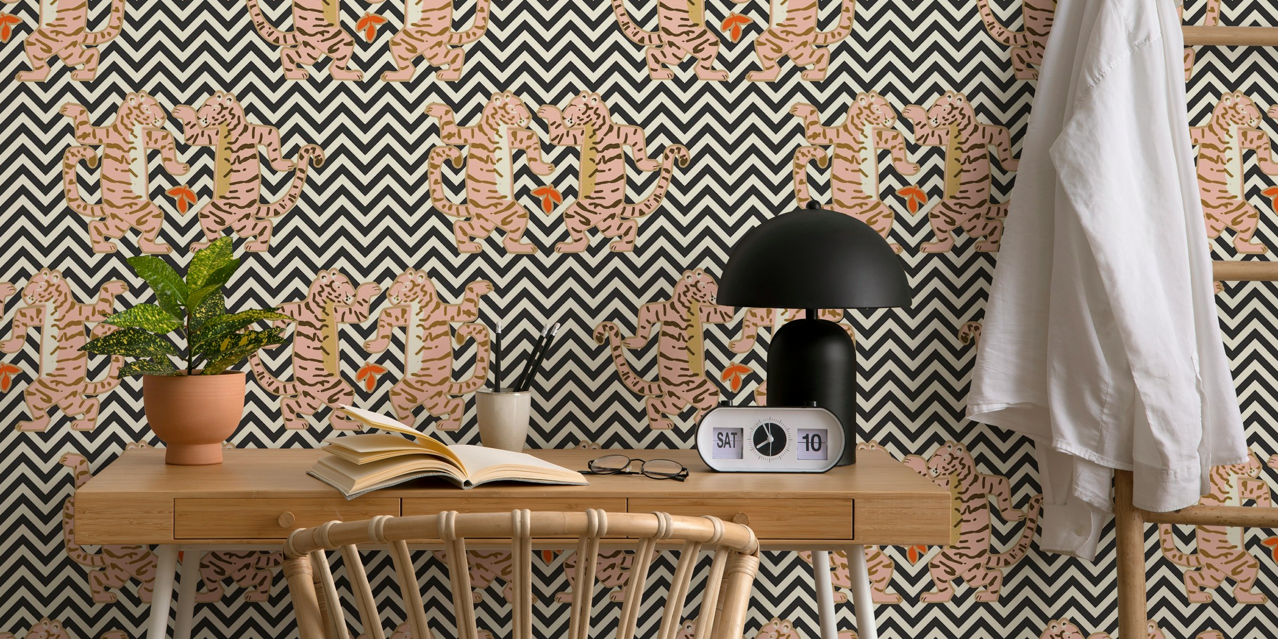 Dancing tiger pattern in pink and beige on black and white zigzag wallpaper