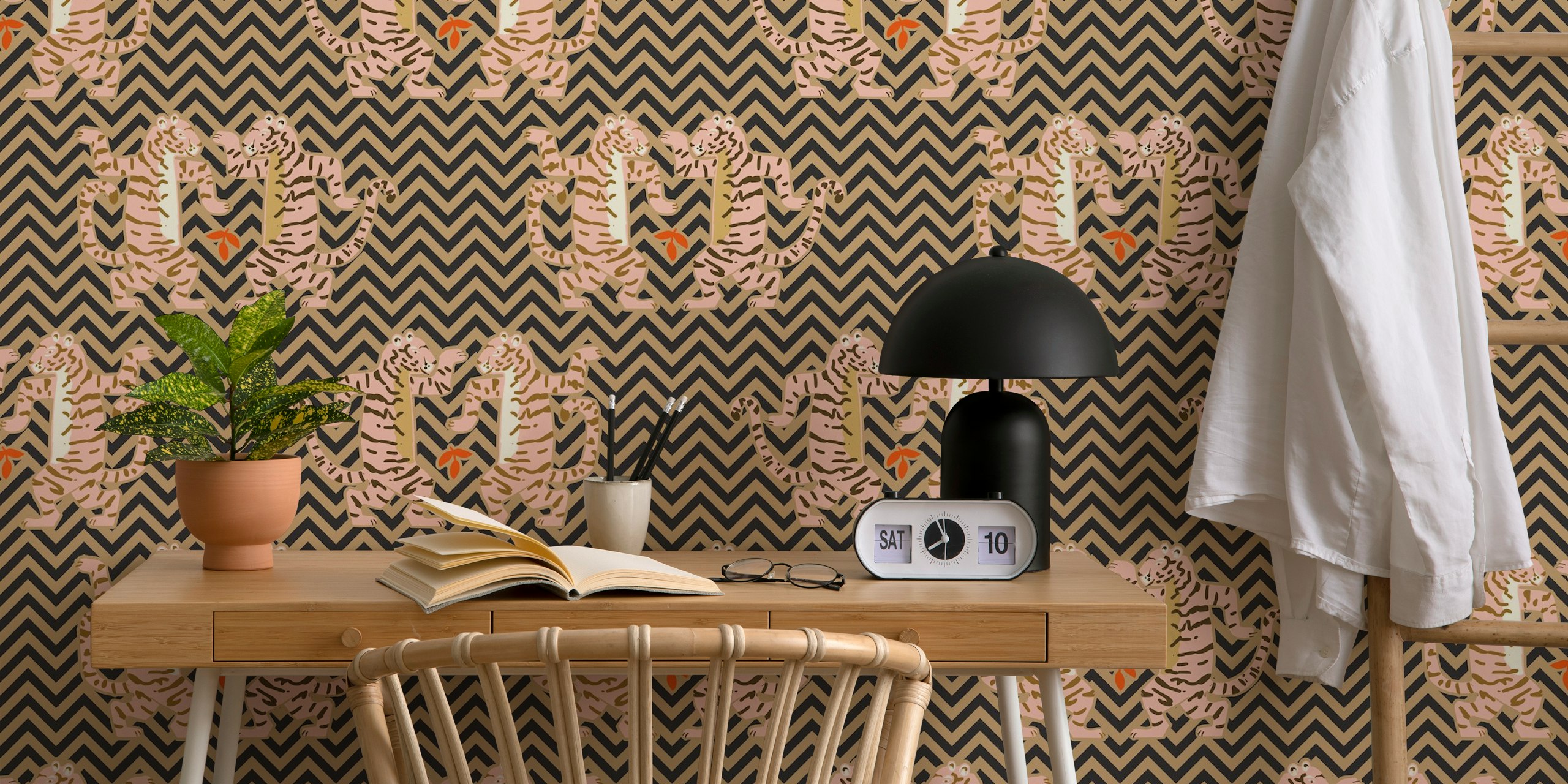Dancing tiger zig zag pattern wallpaper