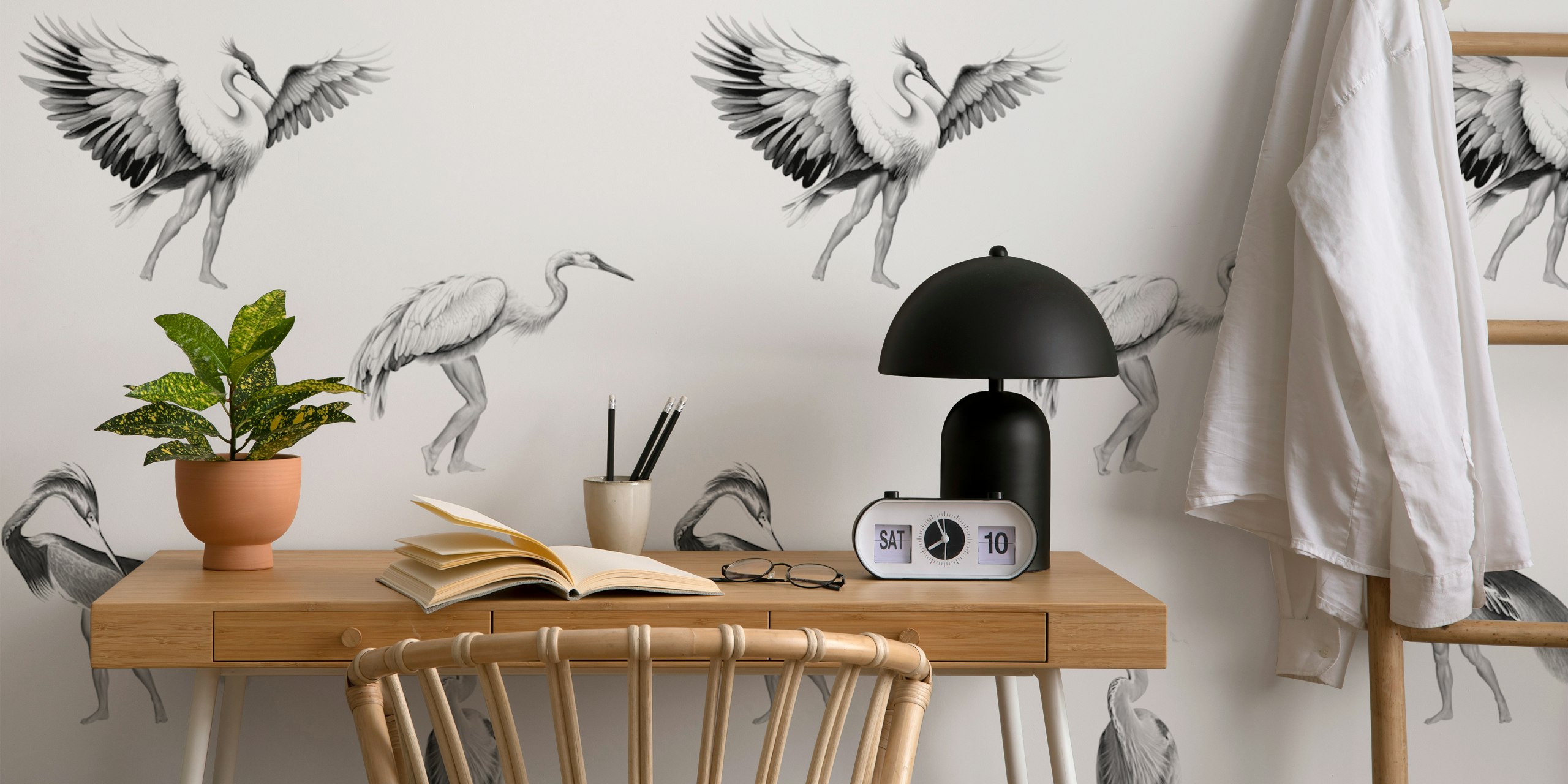 Crane Bird-boys grey wallpaper in a room