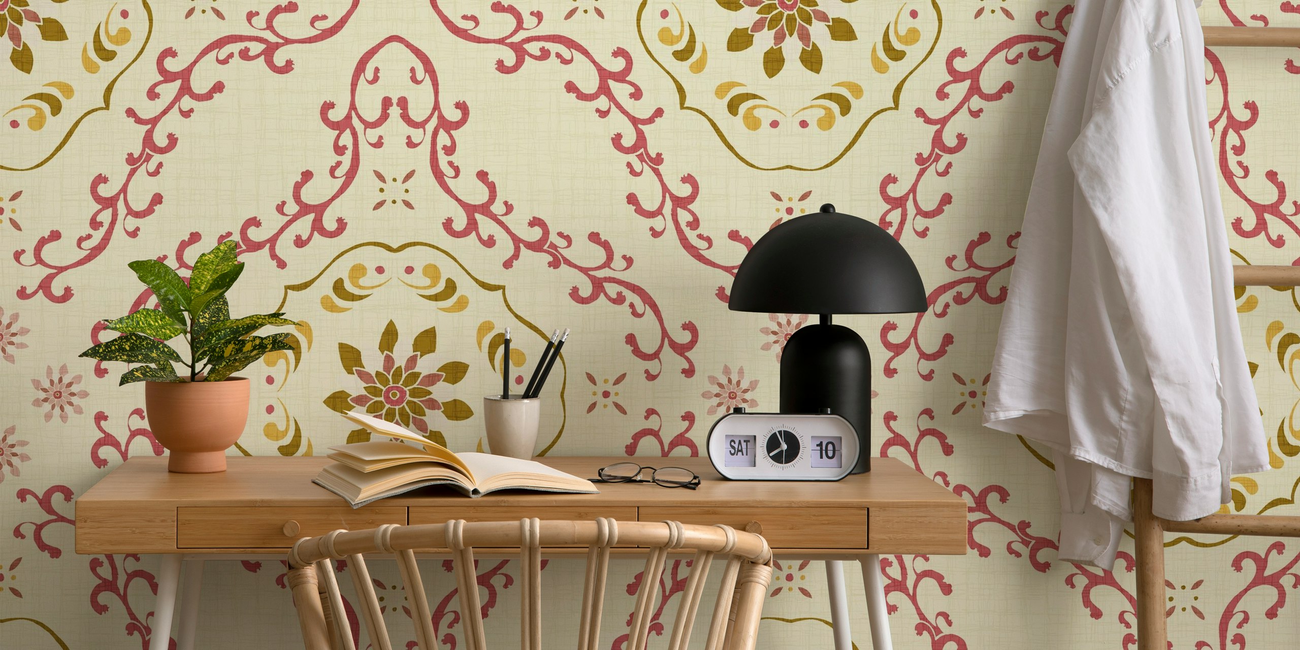 Vintage-inspired wall mural of floral tiles in pink and gold tones with olive accents on a cream background