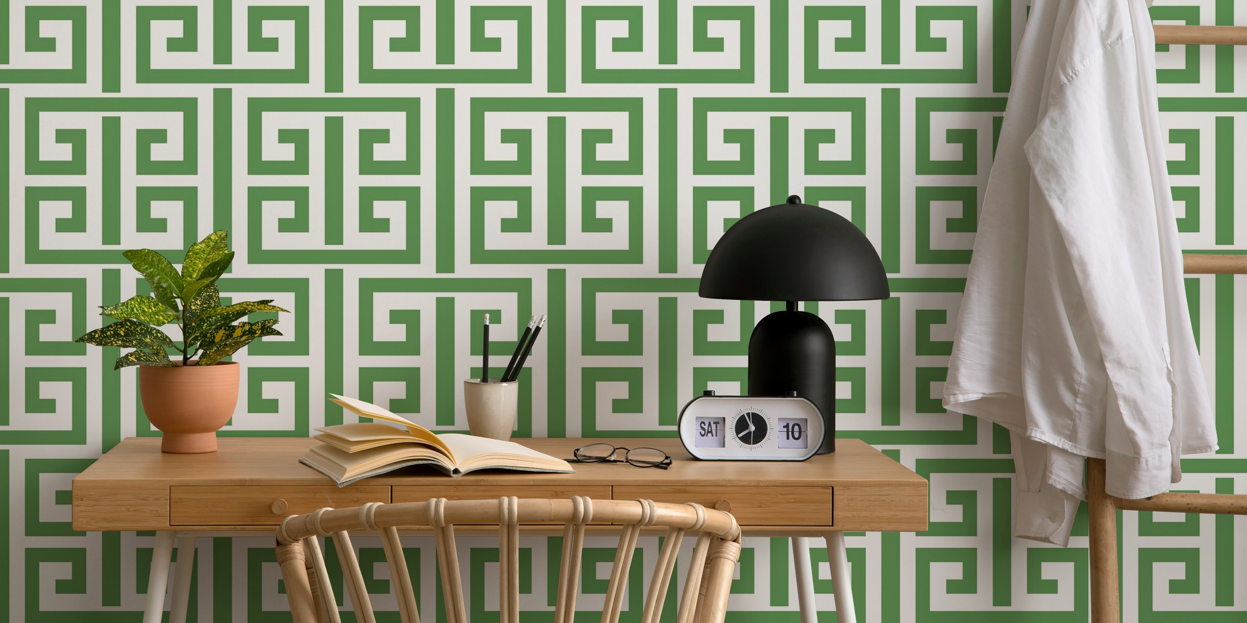 Vihreä ja kerma Greek Key Geometric tapetti