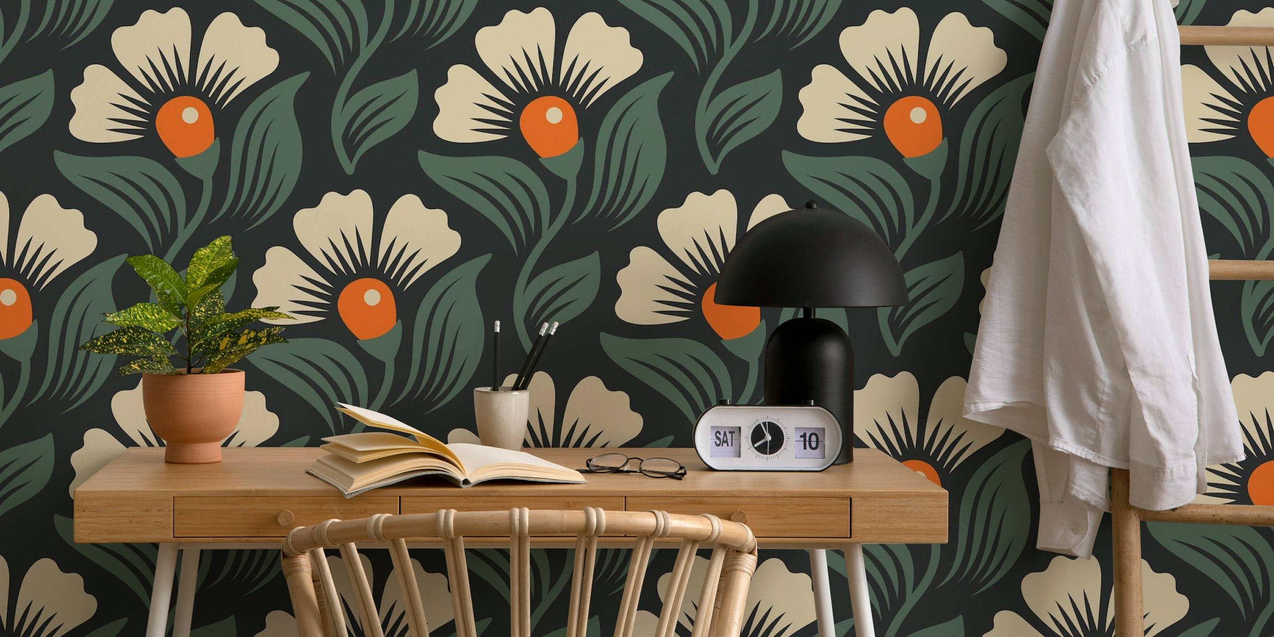 Hand drawn blossoms pattern wallpaper in a room