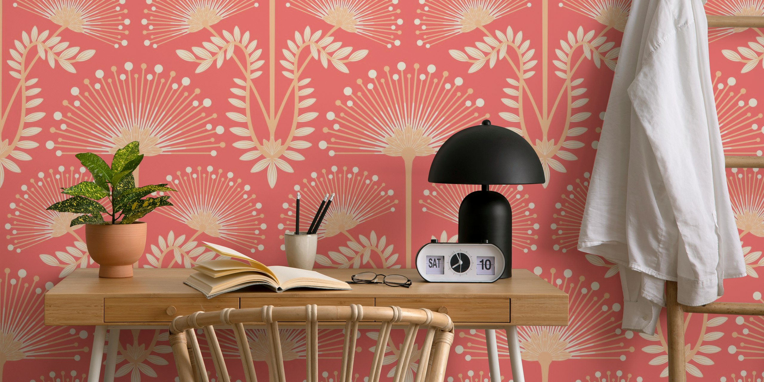 Mimosa Art Deco Floral - Peach Coral - Large Dans Un Cadre De Pièce