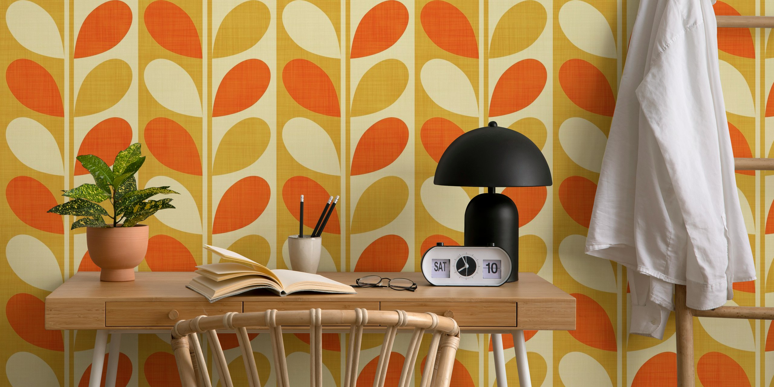 Midcentury modern leaves wallpaper in a room
