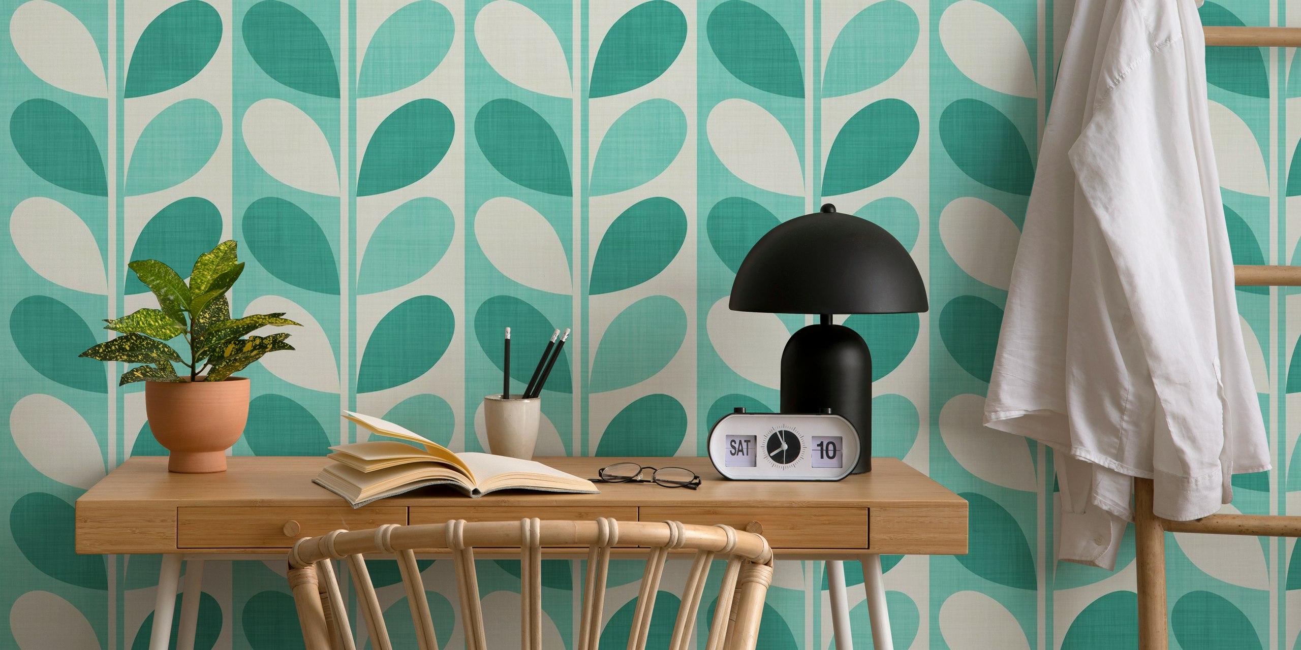 Midcentury modern leaf pattern in teal and mint green wallpaper
