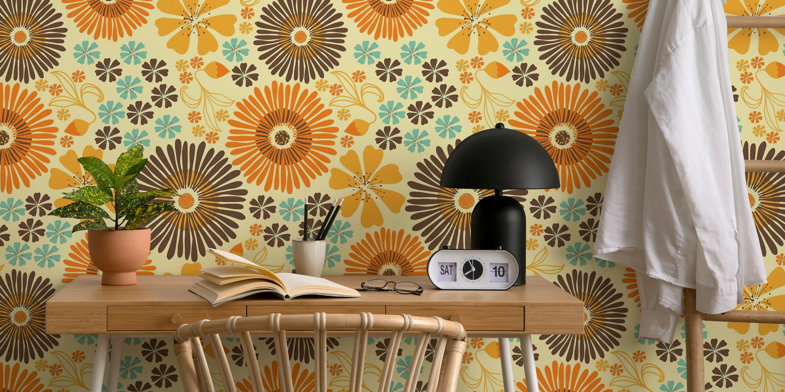 Retro floral pattern wall mural with warm yellow, orange, and brown tones