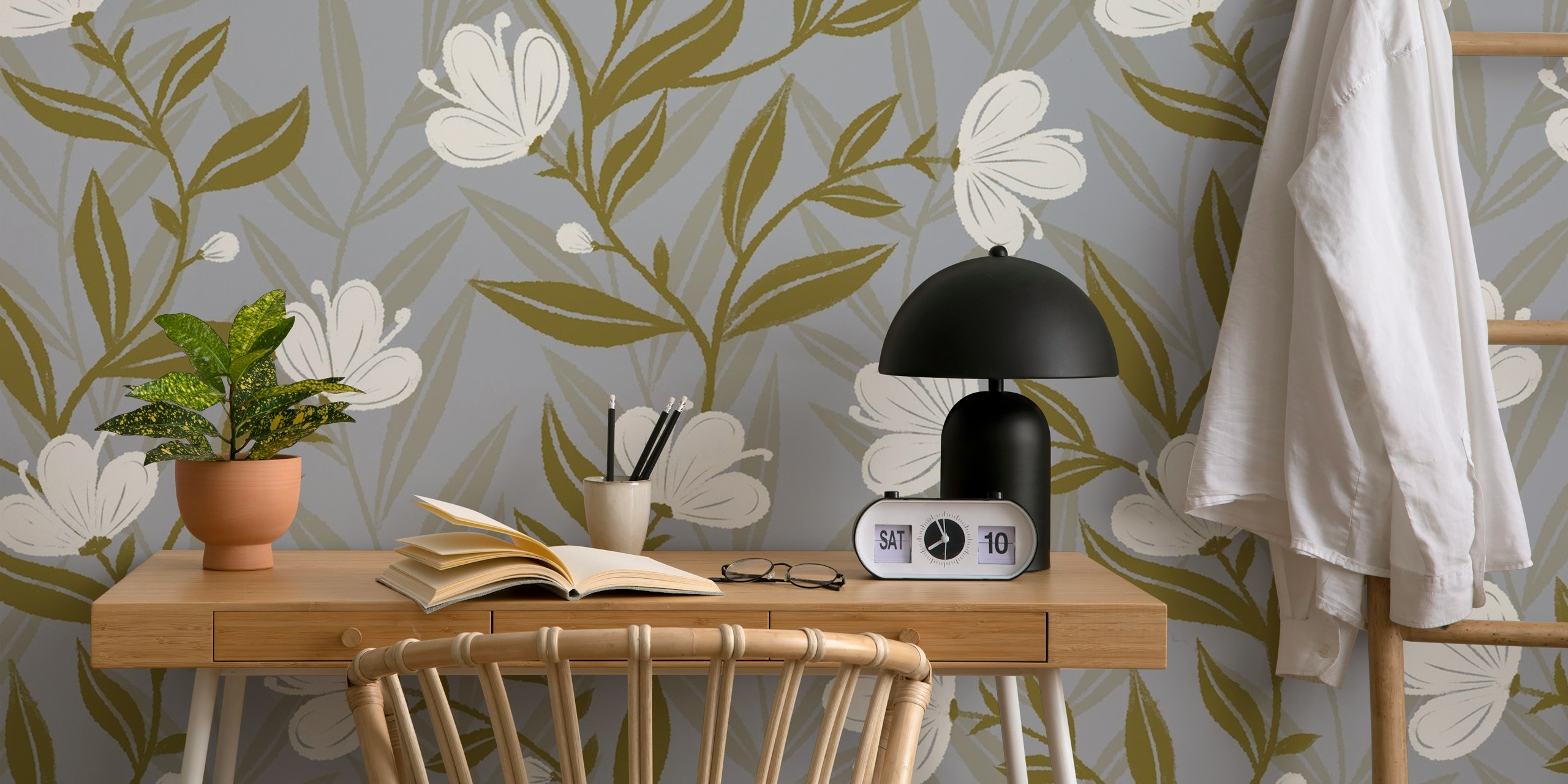 Wallpaper with wildflowers in gray and green