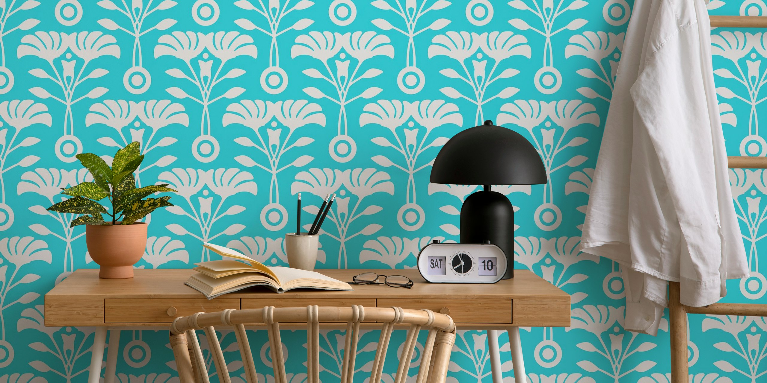 Mid-Century Floral Wallpaper Design In Blue