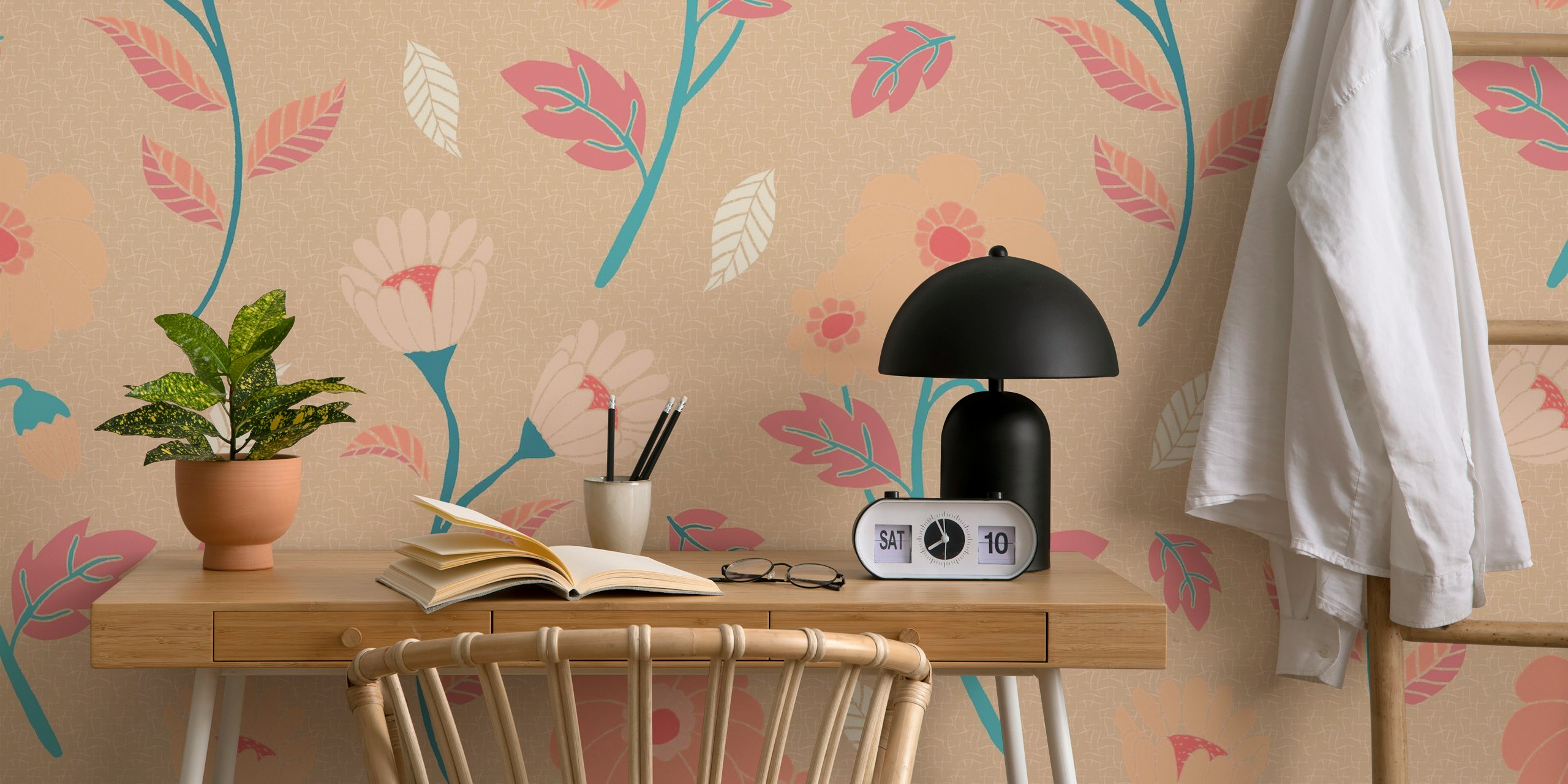 Peach Retro Flowers wallpaper design in a room