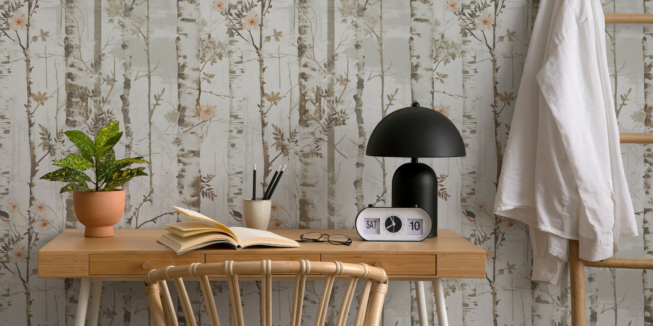 Winter birch forest wallpaper in a room