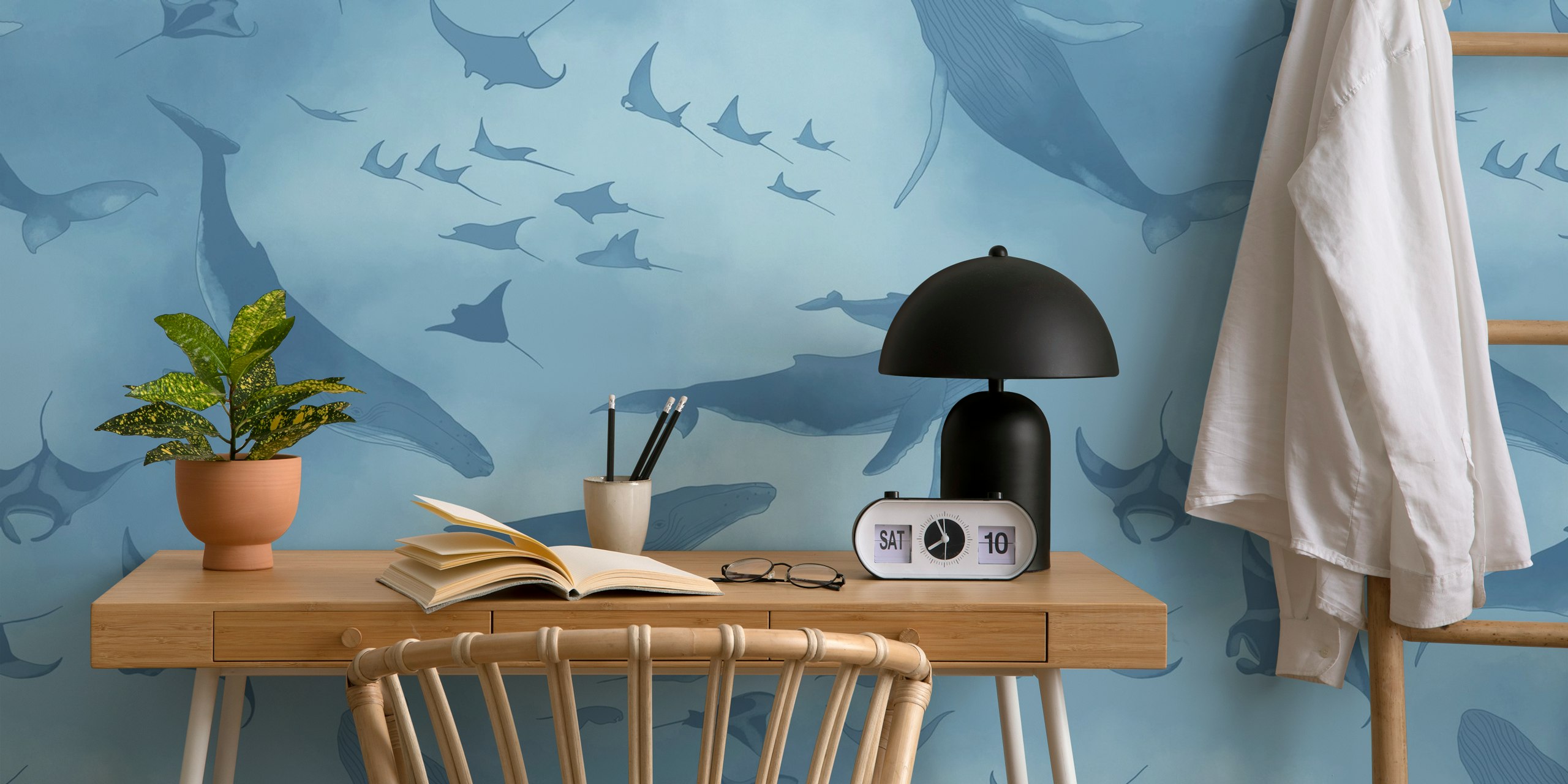 Baby blue ocean-themed wall mural with marine wildlife illustrations