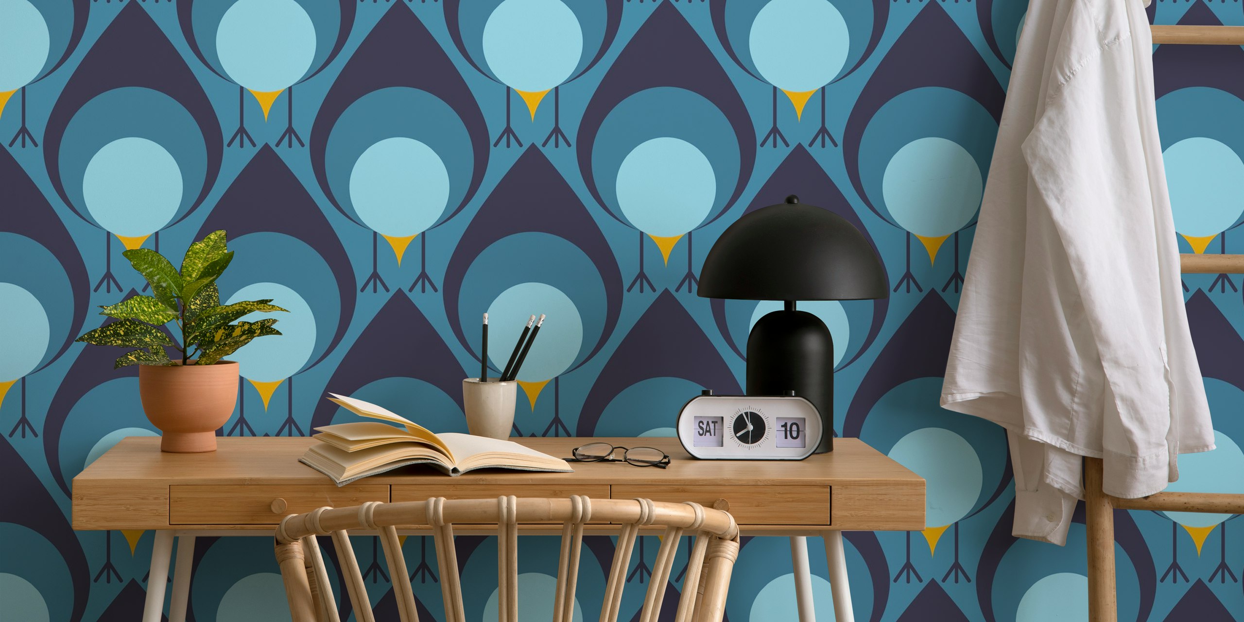 Bleu Birds wallpaper displayed in a room