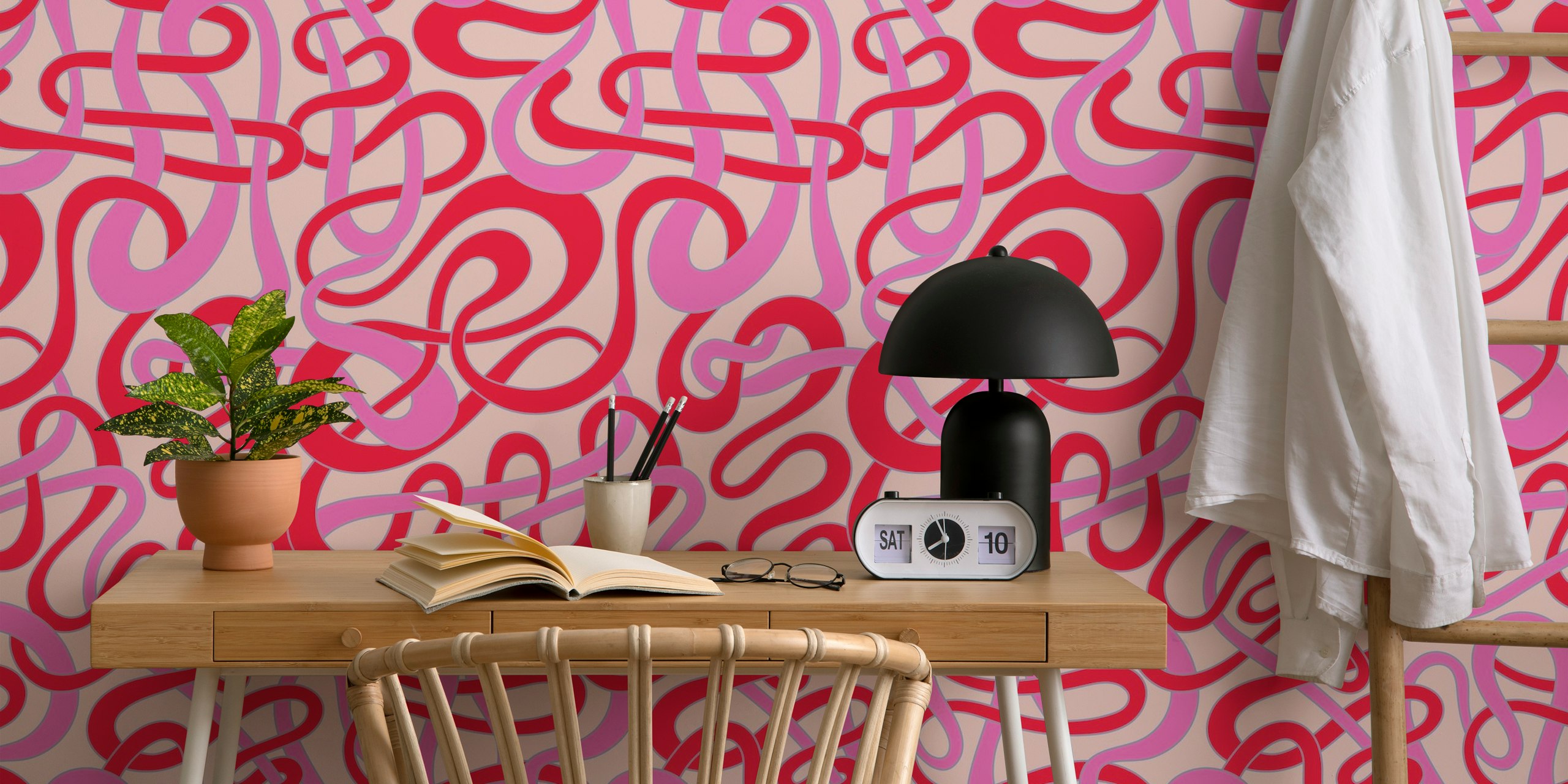 Abstract tangled squiggly stripes in pink and red wallpaper