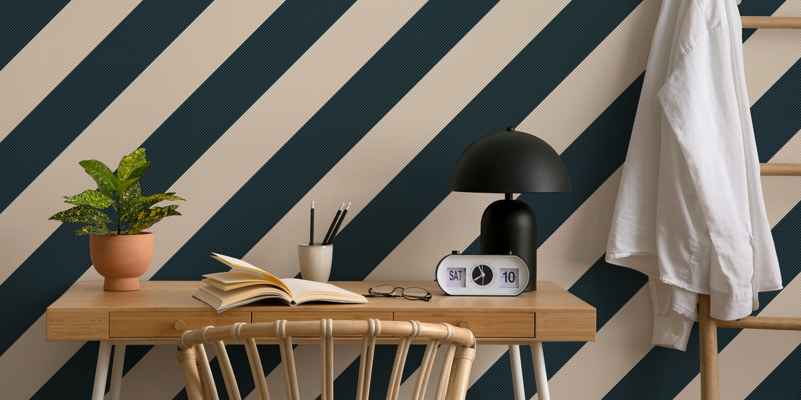Textured diagonal stripes in black and off-white wallpaper